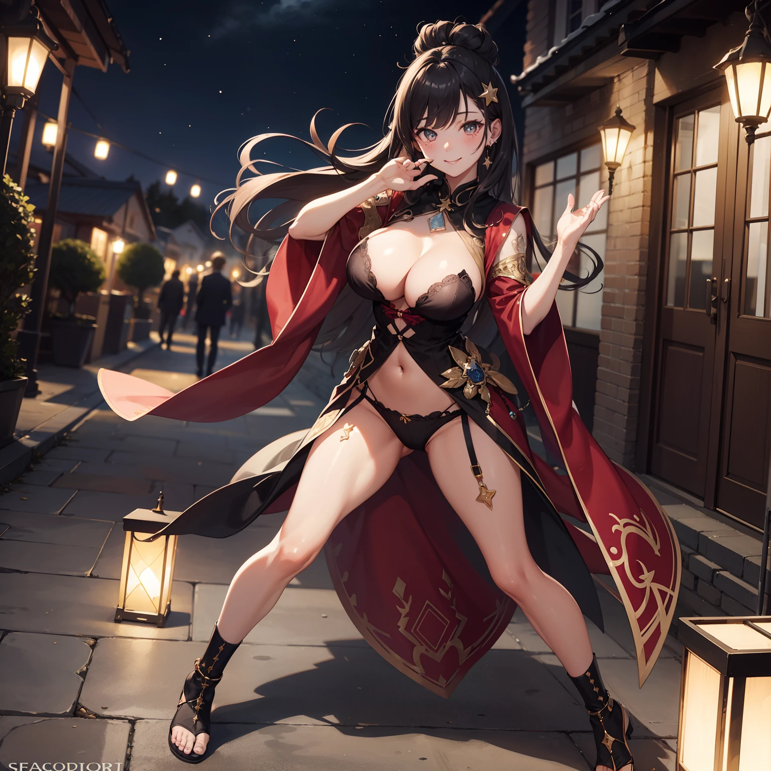 Full body photo of the character ,best qualityer,tmasterpiece,A high resolution,CG,1girll,(seduct smile:0.8),long whitr hair,star-shaped bule pupils,Witch costumes,Eau,独奏,jewely,耳Nipple Ring,hair adornments,spatter,hair-bun,brunette color hair, lamplight,Frankness,photore,A high resolution,4K,8K,Bokeh,Bond panties,Raised sexy,Bigboobs,Panties can be seen,Exposed underwear,Hand-held,Fighting posture