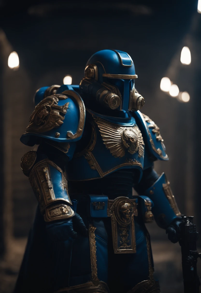 Hyper detailed , masterpiece, 8k, Dark cinematic shot of a Astartes space marine, shot on a 85mm lens, blue filter, Art by vitaly bulgarov and Syama Pedersen, intricate details, dark environment
