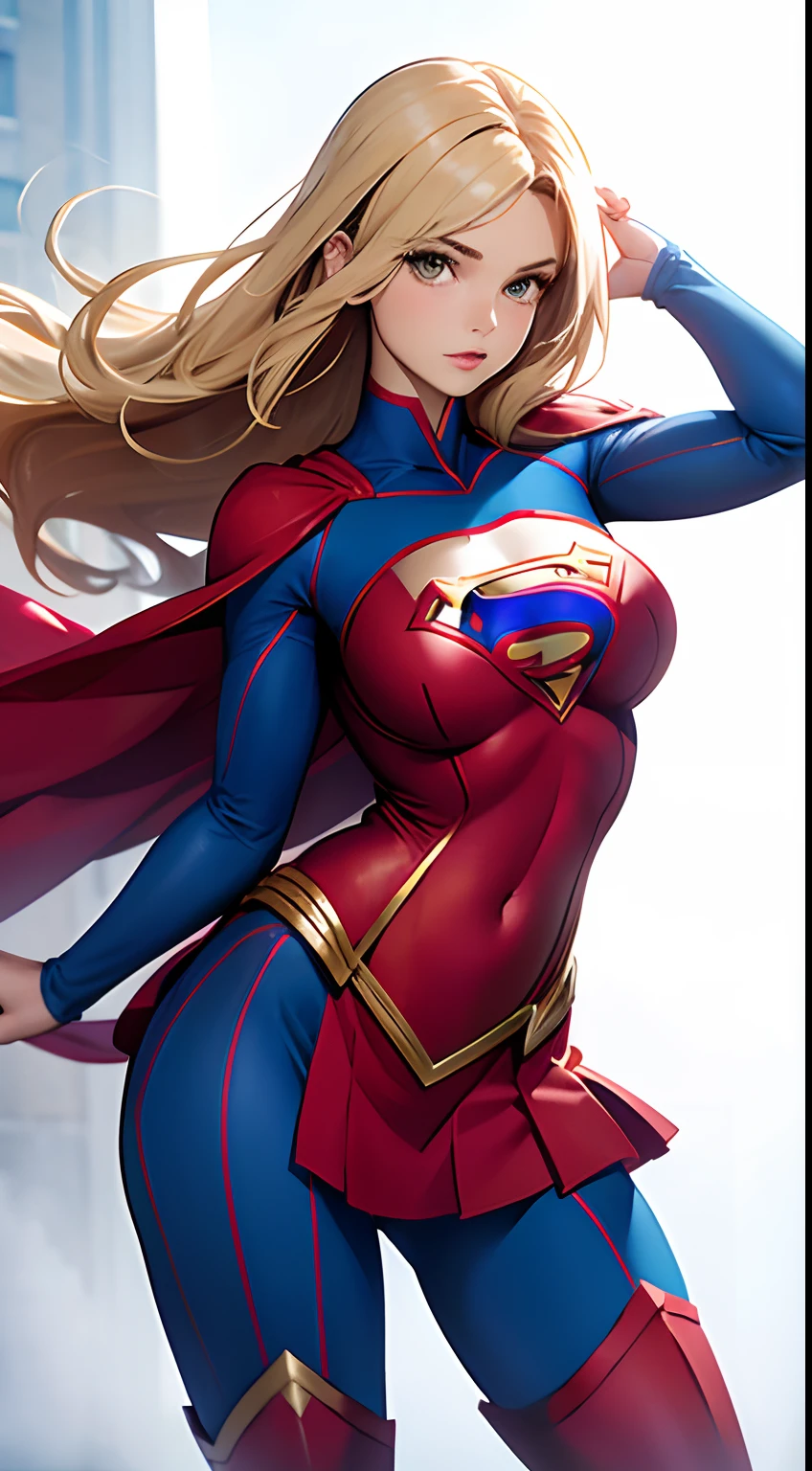 high cinematic quality, fotografia profissional, cena de fantasia, Supergirl stopping a missile, supergirl usa terno preto e dourado, terno sexy,com uma camada flutuante e um "s" No peito. Totally sexy in sensual dynamic pose, Fantasia Sexy Supergirl .