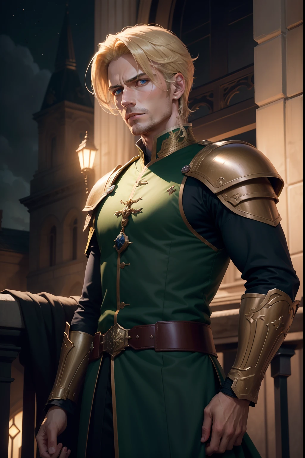 Realistic 8K image of a handsome man in his early 30s, blond hair with short, strong hair, extremely detailed green eyes, dressed in dark clerical clothes and with dark green RPG warrior style shoulder pads, sad expression, on an external balcony of a royal palace , Night, anime style artwork