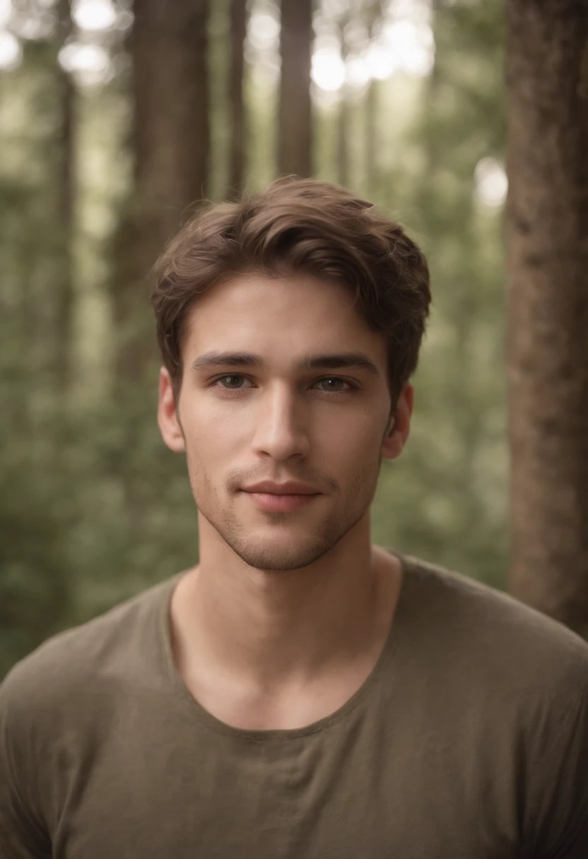 Um jovem, homem, best quality, alta qualidade, high resolution), Realista, ultra-detalhado, highly detailed face features, realistic lighting and reflections, highly detailed face features, Melhor Foto,high-quality illustration, hippie, Feliz, ao fundo uma floresta
