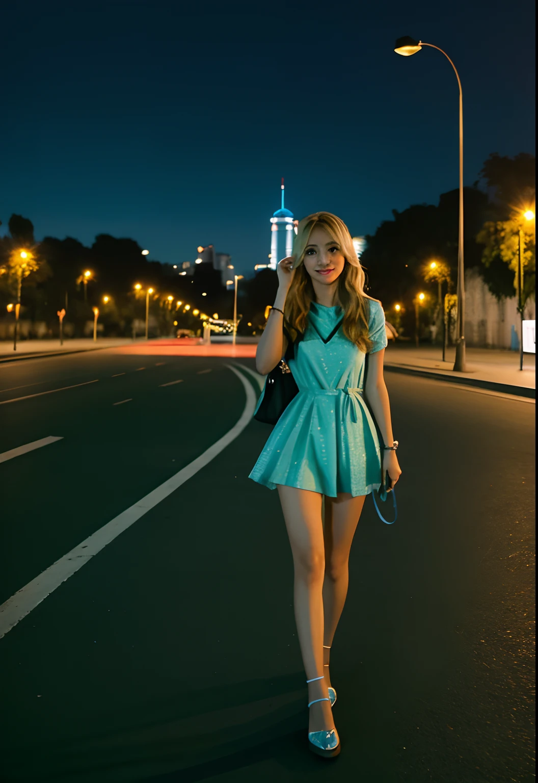 cuerpo completo, Imagen de una mujer rubia tostada de ojos azules argentina, 25-years old, caminando por la noche en Buenos Aires, descalza, lindos pies, imagen en 3D, Warm image in 64K, centered position, staring directly into camera,  octanaje renderizado, ultra detallado, Detalles intricados, iluminacion volumetrica, gran angular, motor irreal. 50mm photo-style lens, apertura F2.5