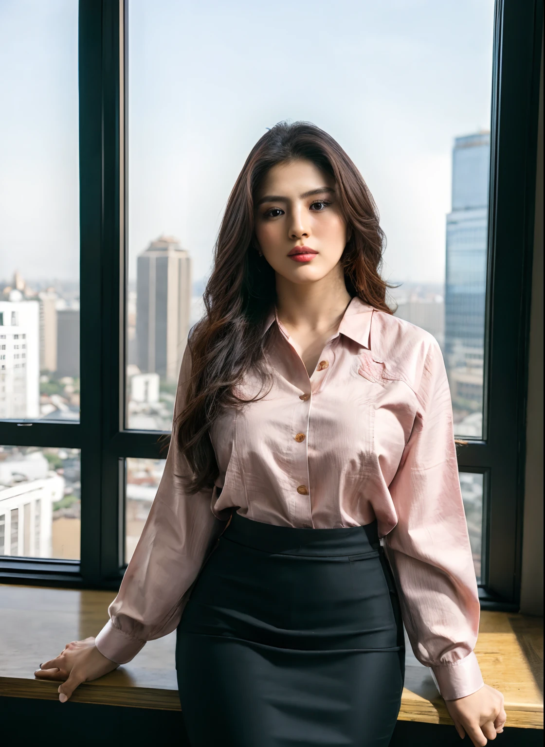 there is a woman standing in front of a window with a city view, Latin woman, gorgeous young Mexican woman, Mexican women's fashion model, beautiful, wearing a blouse, beautiful young Mexican woman, a young Latin woman, a Mexican woman, korean artist, heonhwa choe, young Latin woman