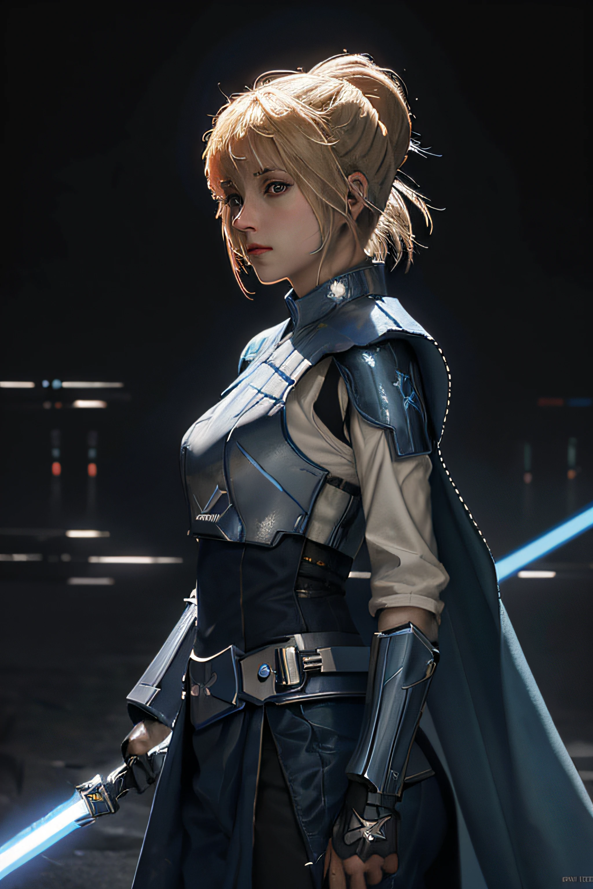 (Saber) as (Jedi), solo, 1girl, masterpiece, photorealistic, best quality, ultra-detailed, high-resolution, 8k, ultra sharp, unity 8k wallpaper, high resolution illustration, science fiction, futuristic cityscape