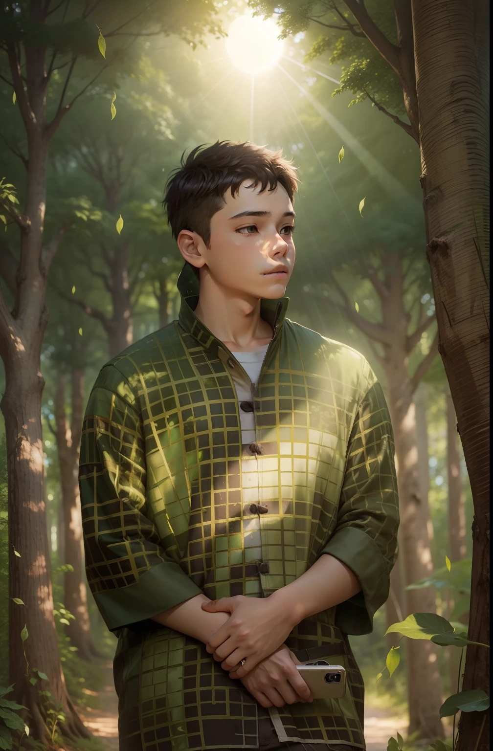 beautiful background,1 boy in front of a tree, anime face, phone in his hand,in green forest,sun in the sky.