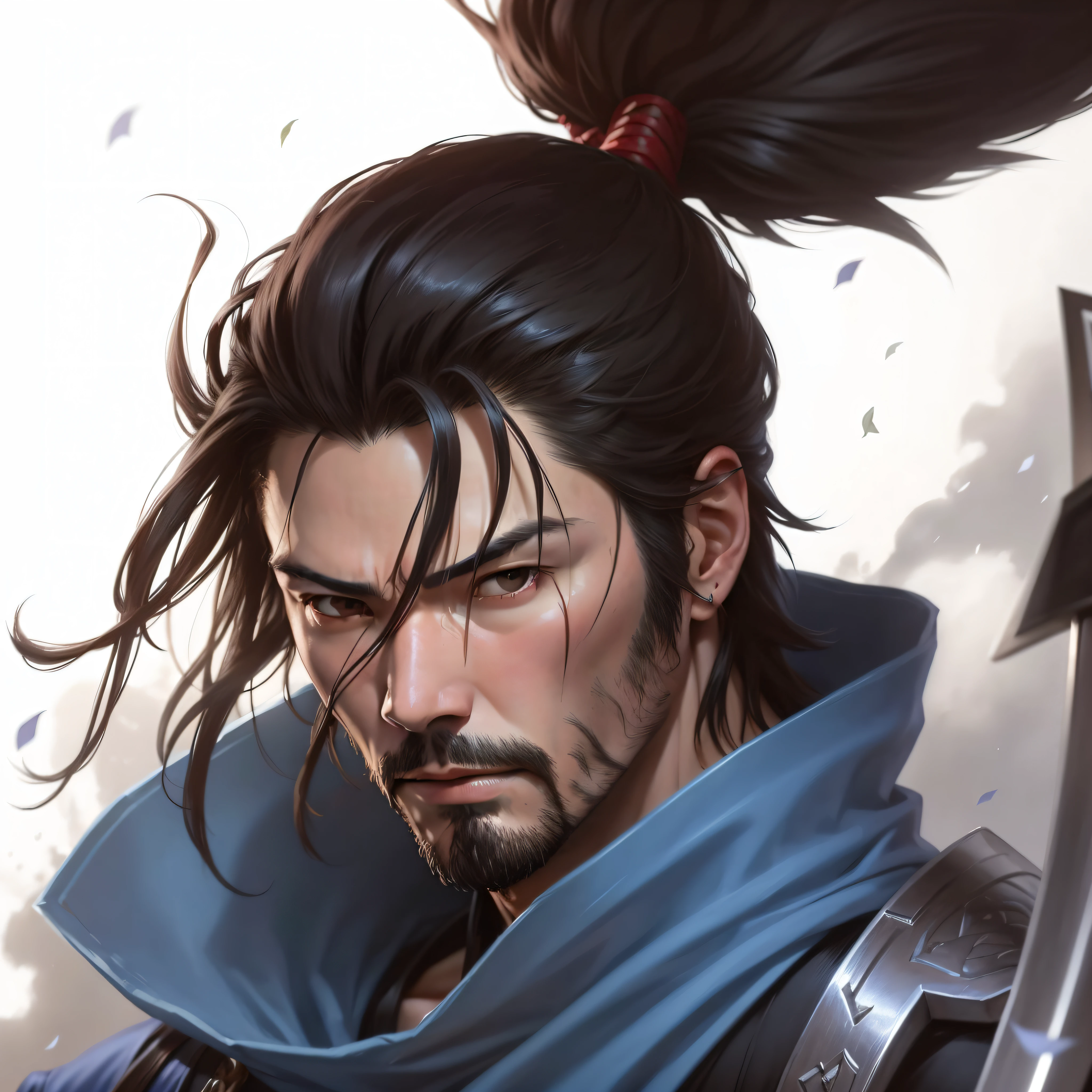 Keanu Reeves, Yasuo, League of Legends, Keanu Reeves as Yasuo, realistic, samurai sword, wind, dark hair, hair stuck --auto --s2