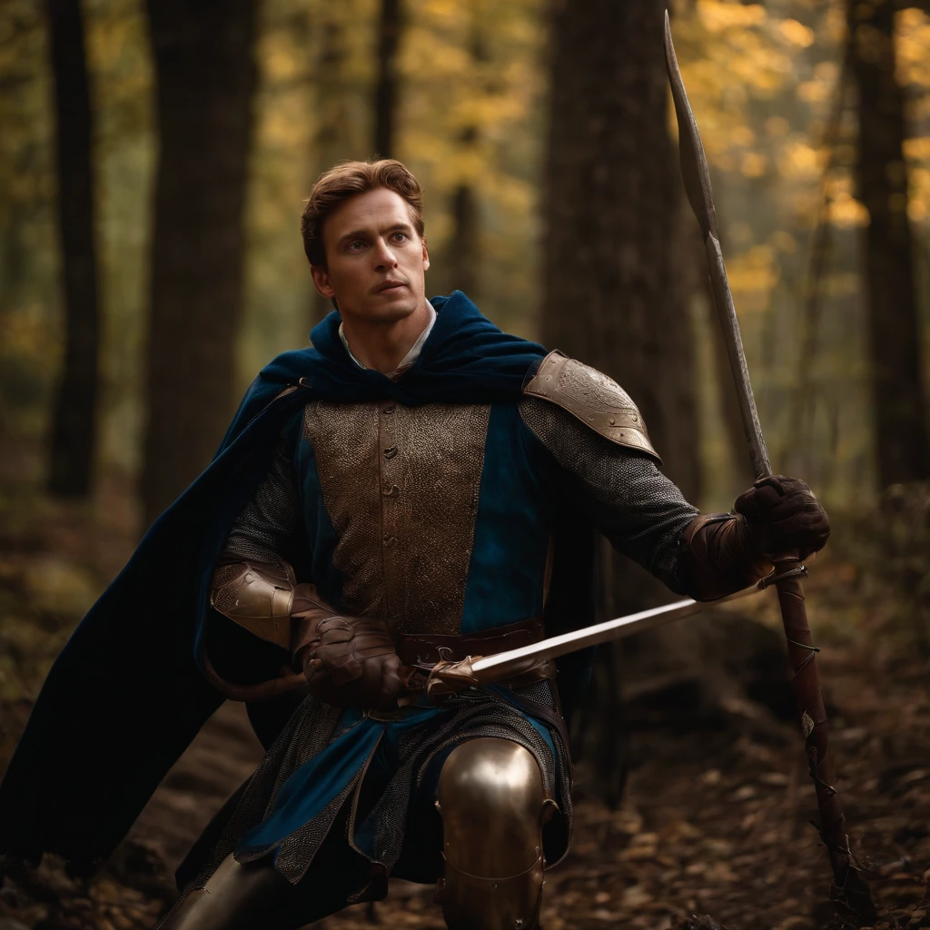Marvel at the magical spider – the man who served as a medieval-themed knight, Conjunto completo de armaduras brilhantes vermelhas e azuis, detalhes intrincados, Depicted in action poses, holds a spear, Cidade medieval ao fundo, fotorrealista, dramatic lighting, beautiful color grading, 8K resolution, Shot with Canon EOS C70 RF24–105mm lens