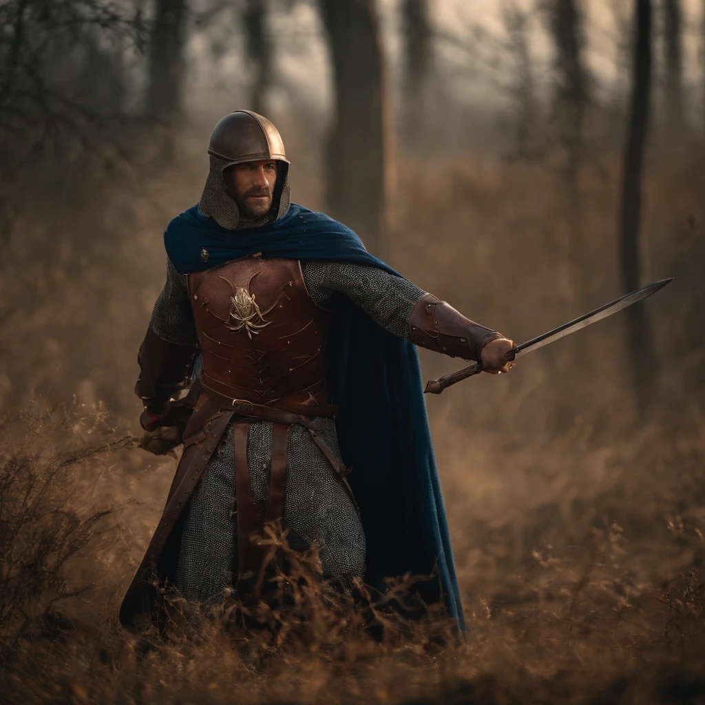 Marvel at the magical spider – the man who served as a medieval-themed knight, Conjunto completo de armaduras brilhantes vermelhas e azuis, detalhes intrincados, Depicted in action poses, holds a spear, Cidade medieval ao fundo, fotorrealista, dramatic lighting, beautiful color grading, 8K resolution, Shot with Canon EOS C70 RF24–105mm lens
