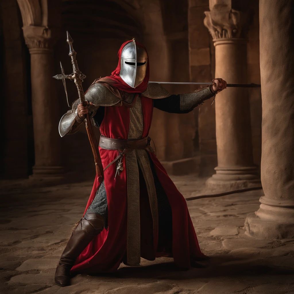 Marvel at the magical spider – the man who served as a medieval-themed knight, Conjunto completo de armaduras brilhantes vermelhas e azuis, detalhes intrincados, Depicted in action poses, holds a spear, Cidade medieval ao fundo, fotorrealista, dramatic lighting, beautiful color grading, 8K resolution, Shot with Canon EOS C70 RF24–105mm lens