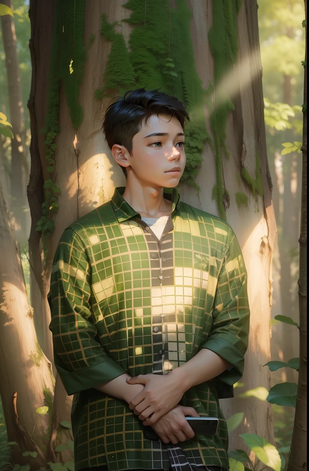 beautiful background,1 boy in front of a tree, anime face, phone in his hand,in green forest,sun in the sky.