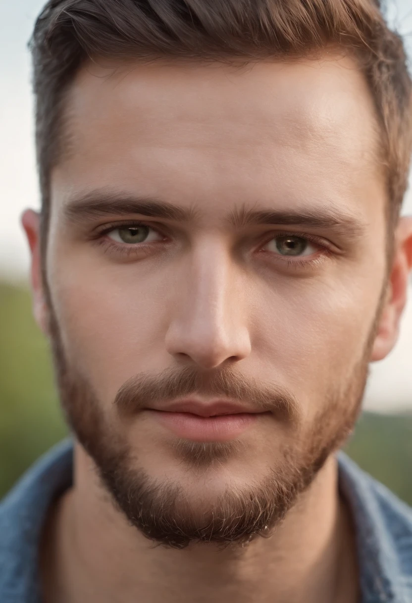 Um jovem, Homem, best quality, alta qualidade, high resolution), realista, ultra-detalhado, highly detailed face features, realistic lighting and reflections, highly detailed face features, melhor foto,high-quality illustration, hippie, Feliz, ao fundo uma floresta, tatuagens, olhos verdes, barba curta, cabelos curtos