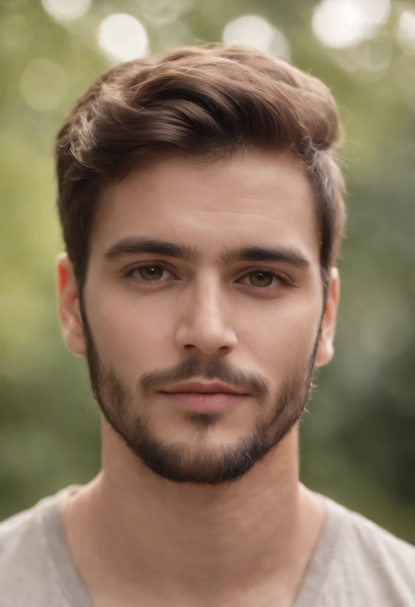 Um jovem, Homem, best quality, alta qualidade, high resolution), realista, ultra-detalhado, highly detailed face features, realistic lighting and reflections, highly detailed face features, melhor foto,high-quality illustration, hippie, Feliz, ao fundo uma floresta, tatuagens, olhos verdes, barba curta, cabelos curtos