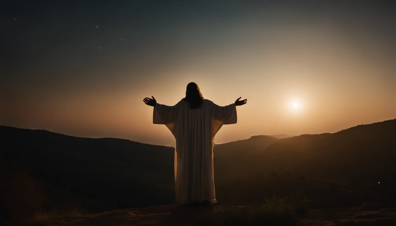 Jesus rezando no monte das oliveiras, Looking Up The Sky, noite, luz do luar. Arte sacra