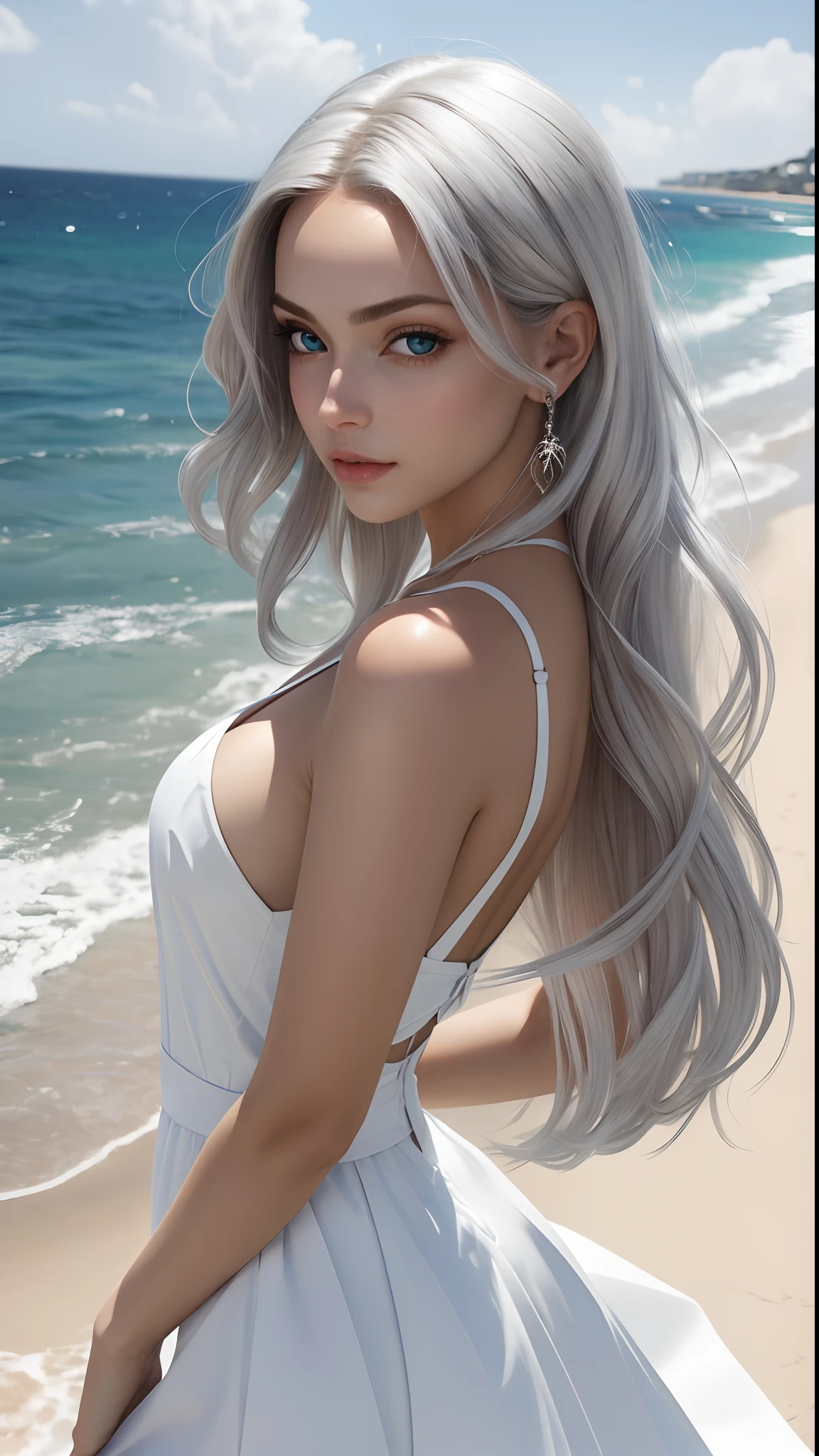 best quality, masterpiece,white hair, blue eyes, upper body,Gorgeous background,1girl, Flowing hair, flat naked chest