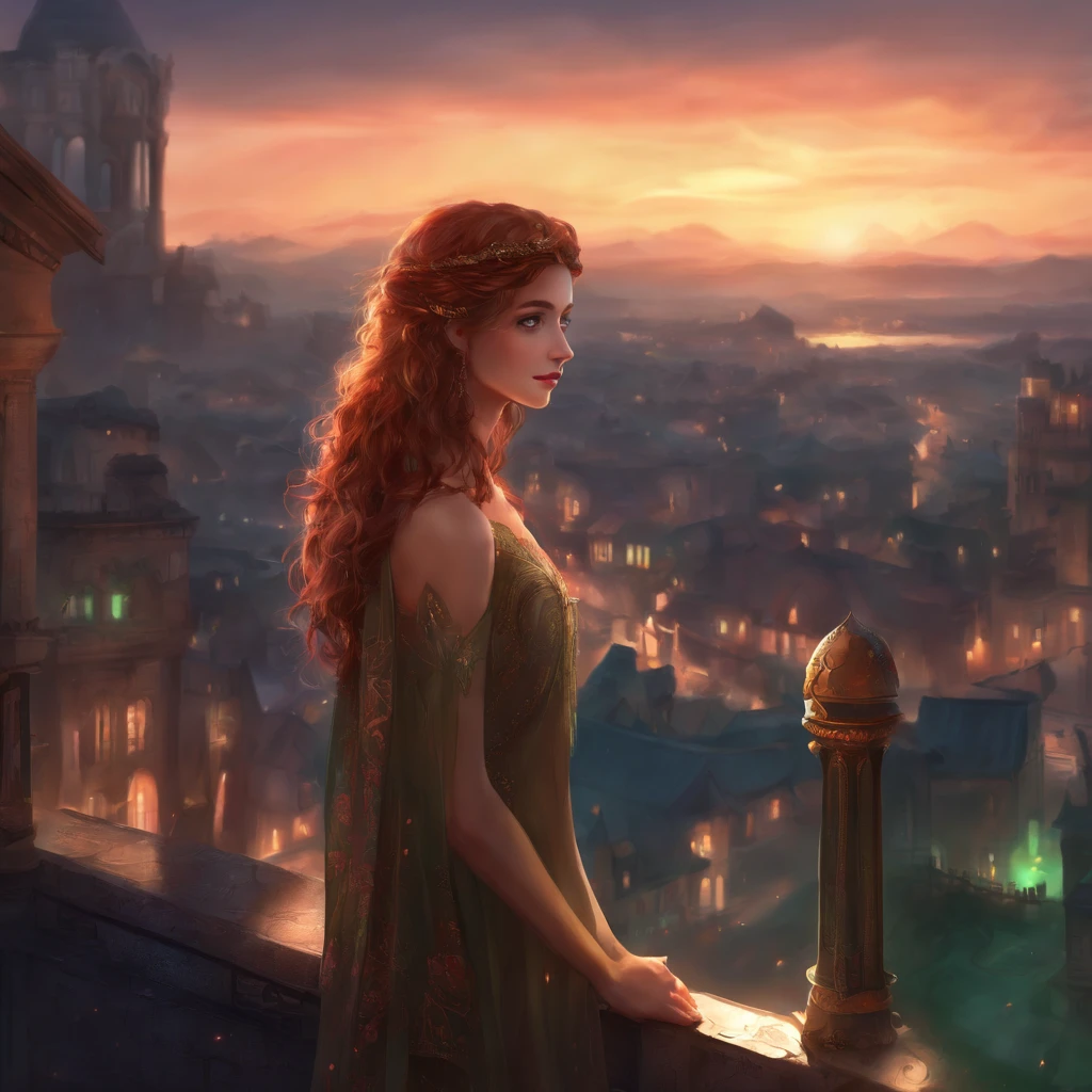 (masterpiece, best quality, ultra-detailed, highres, best illustration), 1woman, solo , full body, big breast, red hair, green hair,  heterochromia, purple eyes, two tone hair, ,side lighting, lustrous skin,(shine),  (shiny skin, cetlic elements, norse heritage), ray tracing,  shirt, wind swept hair, detailed hair, detailed face, ,depth_of_field,very detailed background,extreme light and shadow,(detailed eyes) , perfect anatomy, (zentangle, mandala, tangle, entangle), dynamic angle, wide shot, upper body, city scape, extreme light and shadow, night sky,((full body))