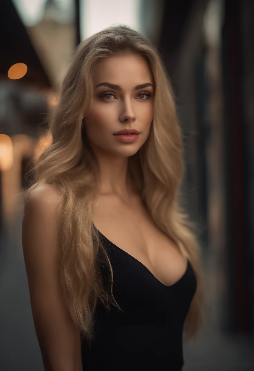 professional, (4k photo:1.1) by (Jeremy Lipking:0.3), (Dittmann Anna:0.3), (Arian Mark:0.3), (Sharp focus:1.3), high detail, wearing (tight shirt:1.2), beautiful detailed face, hazel eyes, long blonde hair, (attractive young woman:1.3), (seductive:1.1), (blushing:1.1), hourglass body shape, small round breasts, wide hips, in background city