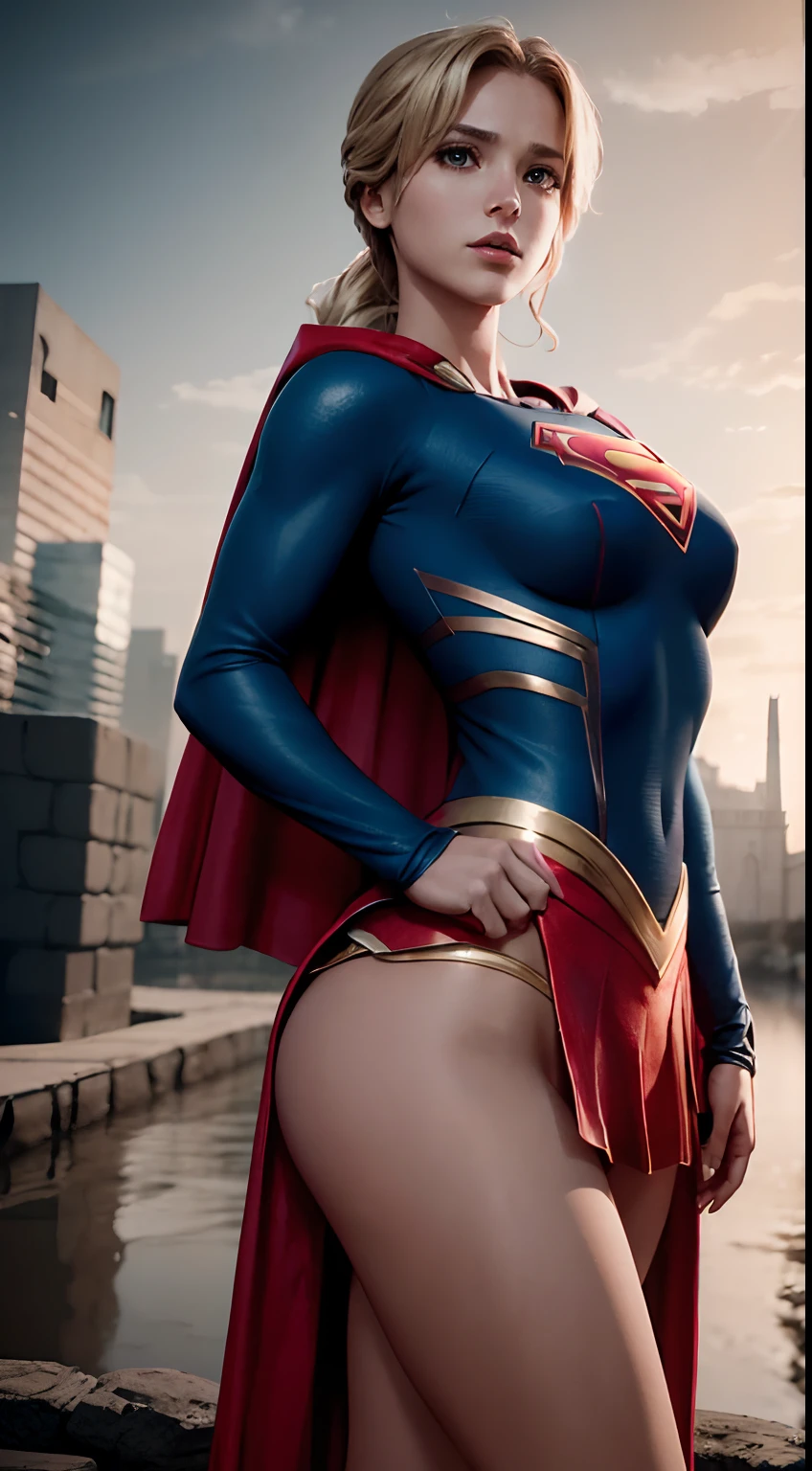 High cinematic quality, profesional photography, fantasy scene, Supergirl deteniendo un misil, Supergirl lleva  traje negro y dorado, sexy traje,con una capa flotante y una "S" en el pecho.