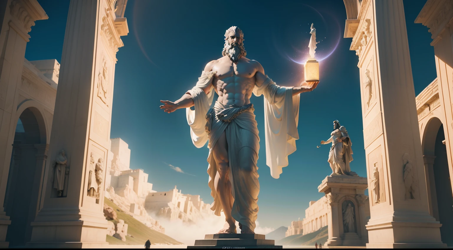 Image of a statue of a man with a beard and a robe, roman festival backdrop, epic scene of zeus, ancient sci - fi elements, (octan render) estilo fantasia, Fantasy Style 8k Octane Rendering, VFX surreal altamente detalhado, bipe. octan render, world seen only through a portal, Beeple e Alphonse Mucha