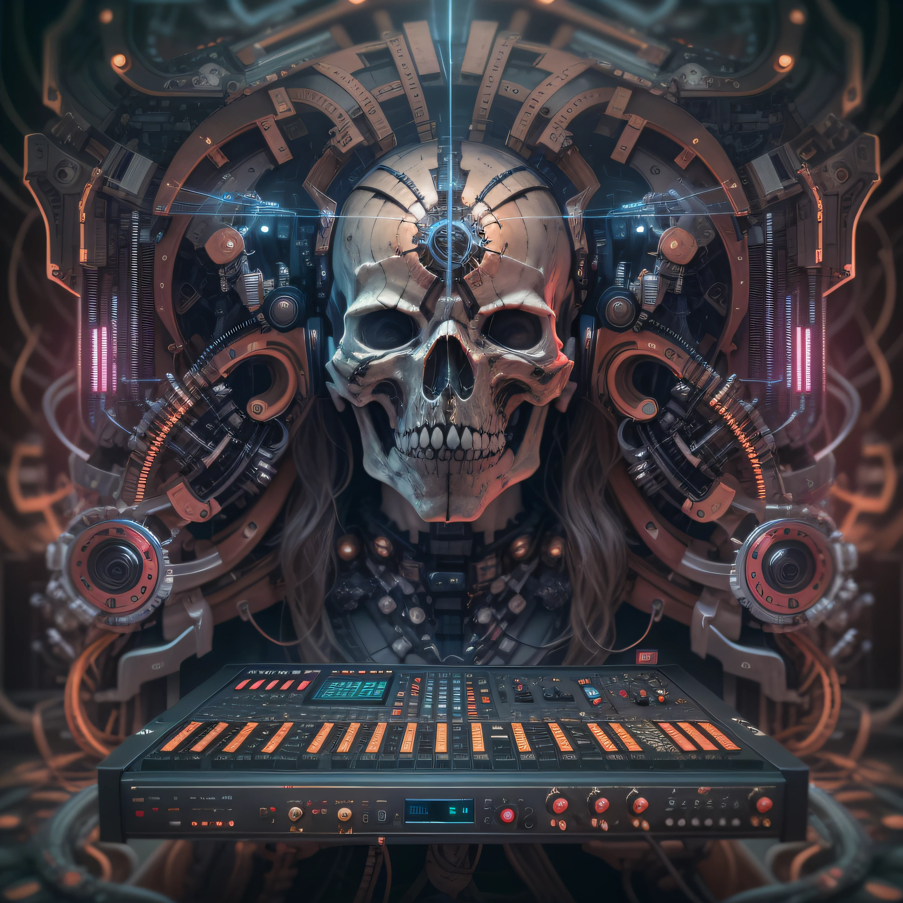 (extremely detailed 8K wallpaper) Mid-range photo of a scary necromancer, complexe, il joue d'une une monstrueuse Cyber machine, and thanks to a complex configuration, composes music using a modular synthesizer that is tightly linked and controlled by its own cerebral cortex. This advanced neural music interface allows the artist to seamlessly translate their thoughts and emotions into a unique listening experience.., Pushing the boundaries of creativity and innovation in music production.High detail, dramatique