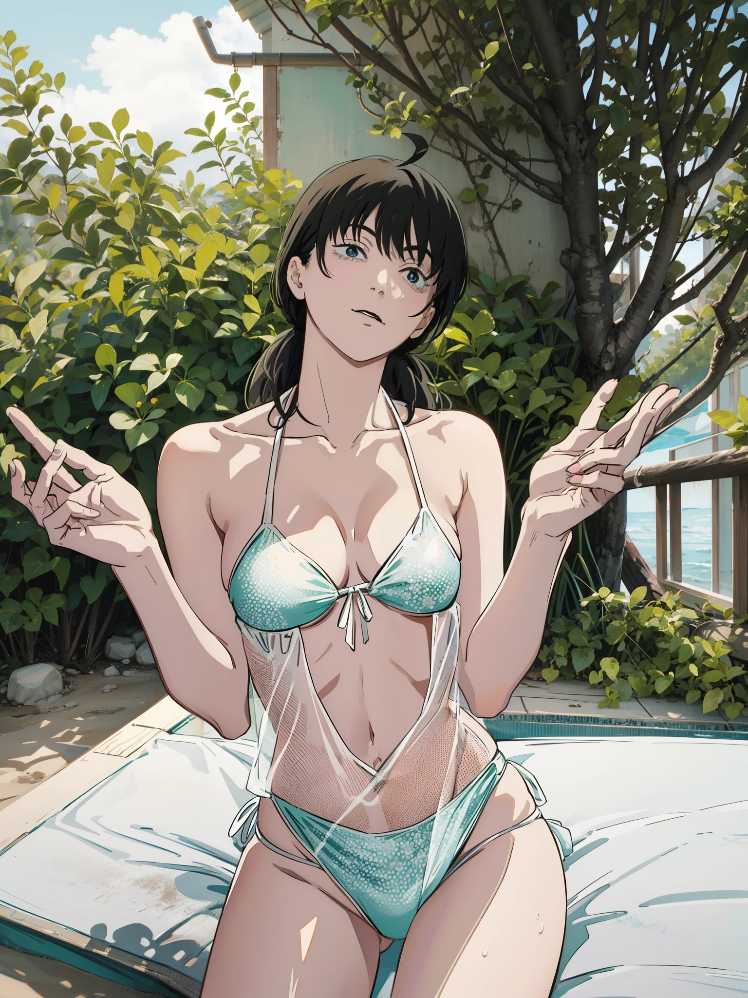 An anime-style illustration of an oriental woman in a bikini on the beach, 1girl, swimsuit, bikini, solamente, senos, Playa, cabello multicolor, sentada, cabello azul, boca abierta, colmillo, Bikini verde, Bikini de corbata lateral, cabello negro, descalzo, ombligo, Mirando al espectador, sonrojarse, Wariza, flequillo, Ahoge, al aire libre, senos medianos