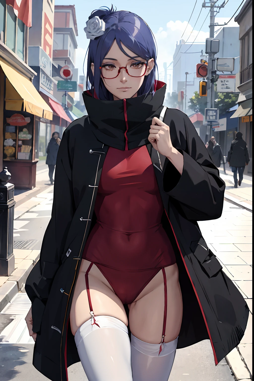 absurderes, (best qualityer), (tmasterpiece), (ultra - detailed: 1.2), (Fotorrealista: 1.1), (A high resolution), 1girll,(injury:1.1),(bloods:1.1), Xiaonan \(Naruto\), （ girl outfit，Long white stockings）， Perforated Rabret, (Paper:1.2), （Outdoors，Underwear snow，stooped，looking at book，Wear half-rimmed glasses，Be red in the face，Be red in the face， Up）