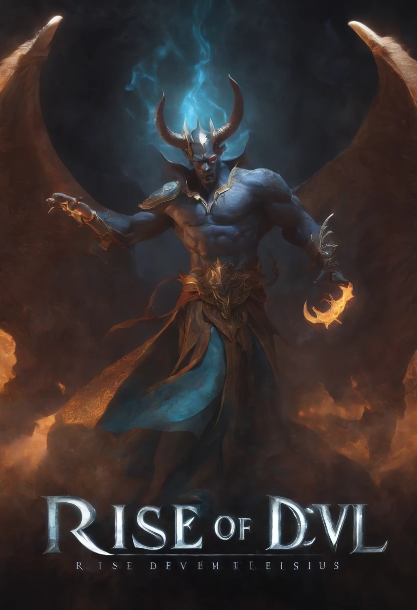 Crie um logotipo inspirado em anime para o jogo "Rise of the Devil." The logo should incorporate the themes of demons and angels with a captivating and vibrant design. Incorpore elementos como asas de fogo, Halos Celestiais, and intricate symbols to represent the clash between darkness and light. Use uma paleta de cores que inclua tons profundos de carmesim, ethereal blues, and contrasting whites to create a visually striking composition. Use stylized lyrics with a touch of fantasy to reflect the game's anime aesthetic. Infuse the logo with an aura of mystery and power, seducing players with his captivating depiction of the supernatural realm. With a text written behind "Rise of the Devil"
