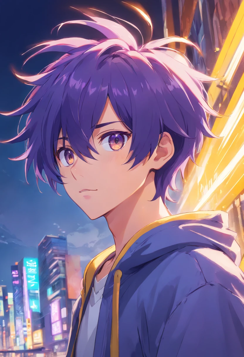 Anime boy with shaggy purple hair with streaks of blue in hair. Yellow thin eyes. Sly. Sexy