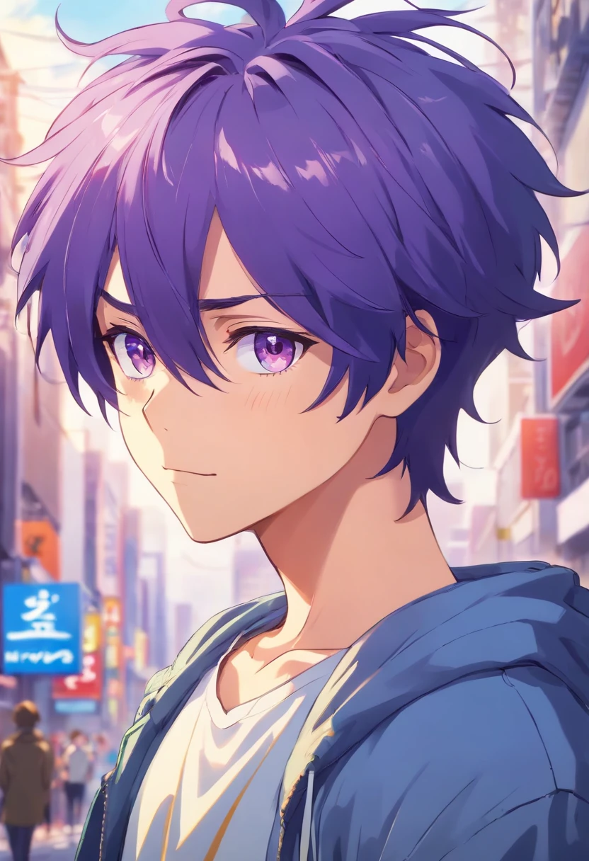 Anime boy with shaggy purple hair with streaks of blue in hair. Yellow thin eyes. Sly. Sexy