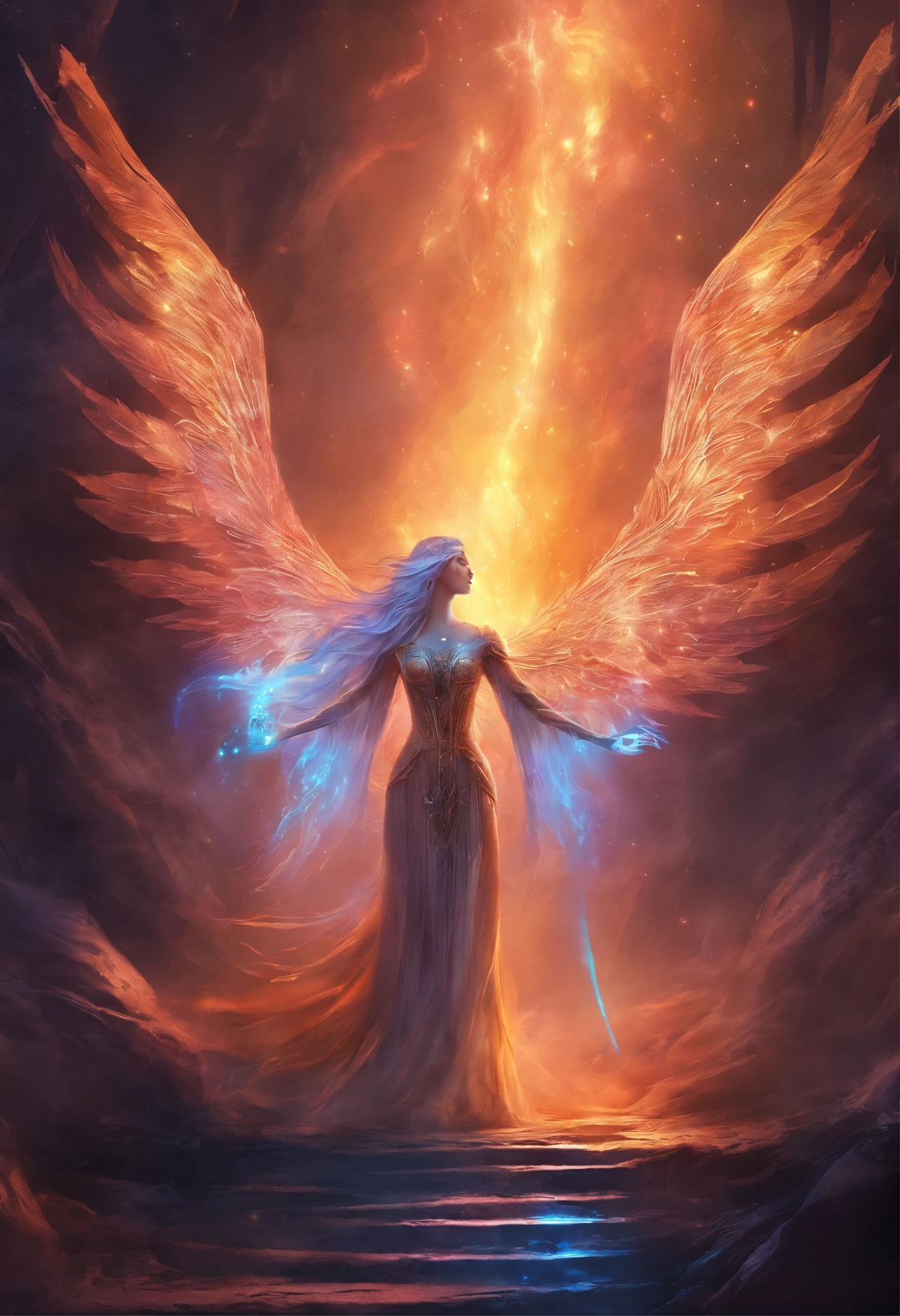 Cosmic Fallen Angel, glowing light eyes, Biomechanical, eerie, Creepy, nightmarish, Very bright colors, Light particles, with light glowing, Mshiff, wallpaper art, UHD wallpaper
