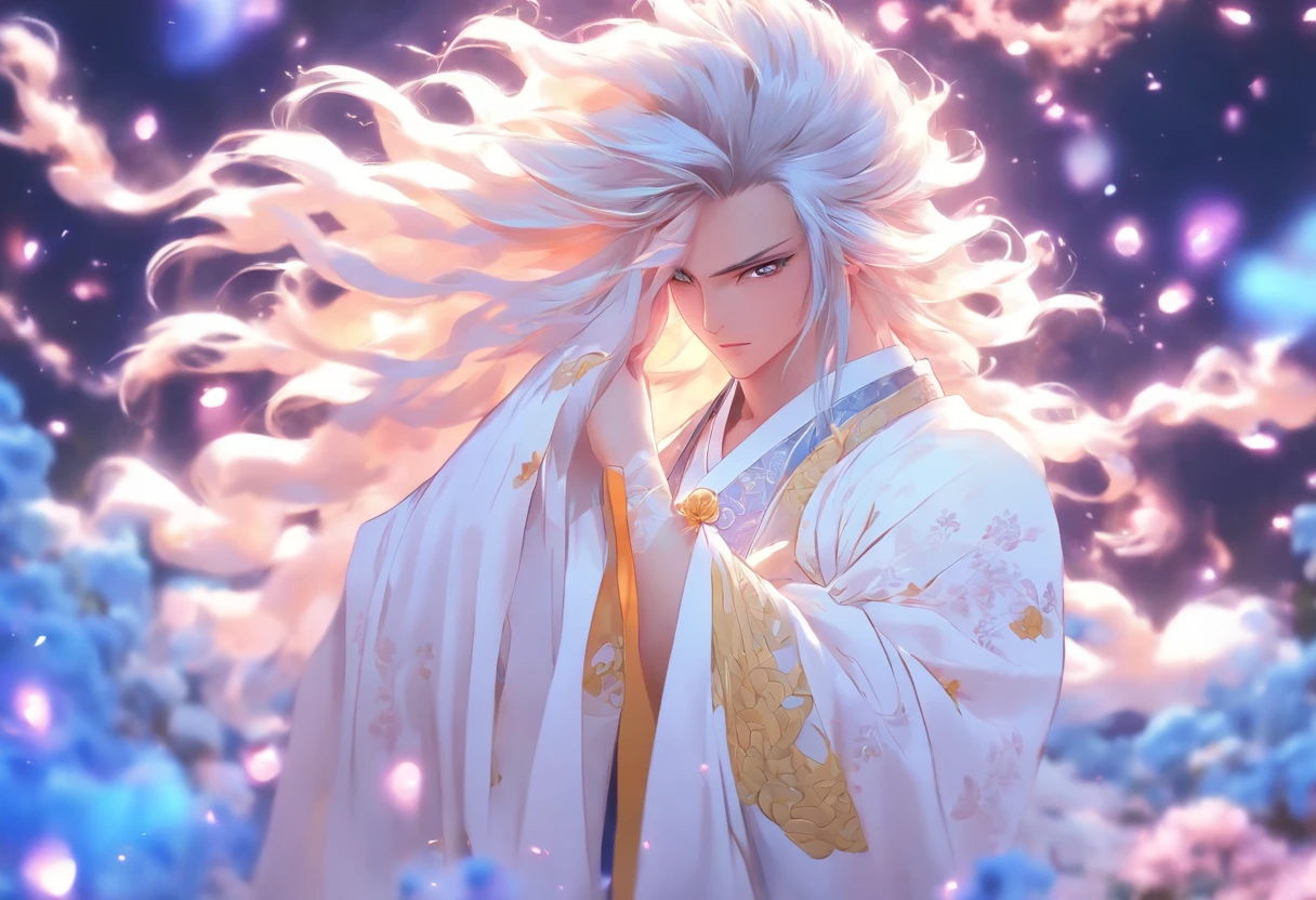 shoun,Young men,Man,White Hanfu,long white hair,Long flowing hair,Wide robe with large sleeves,年轻,Ancient wind,(Solid color clothes),(The clothes do not have any patterns),The whole body is pure white,laughingly,softlighting,Behind it is the full moon,low-saturation,low-contrast,soft focus,Flood,Dreamy atmosphere,High brightness