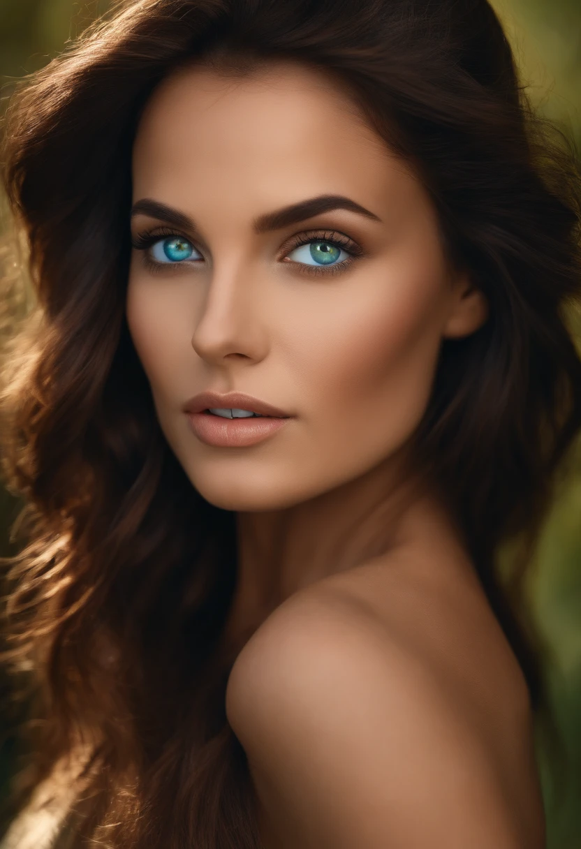woman with dark hair, green blue eyes, nice face with skin color amber to light brown.