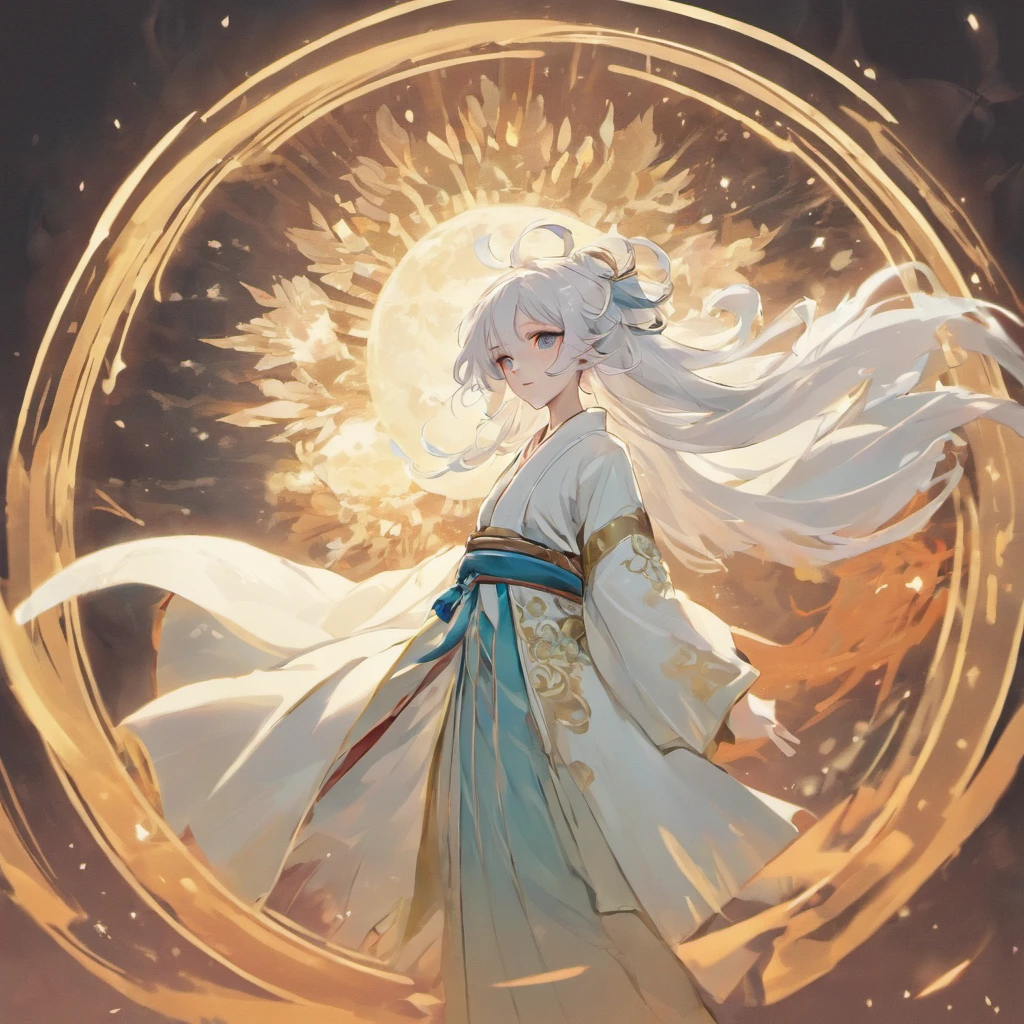 shoun,Young men,Man,White Hanfu,long white hair,Long flowing hair,Wide robe with large sleeves,年轻,Ancient wind,(Solid color clothes),(The clothes do not have any patterns),The whole body is pure white,laughingly,softlighting,Behind it is the full moon,low-saturation,low-contrast,soft focus,flood,Dreamy atmosphere,High brightness