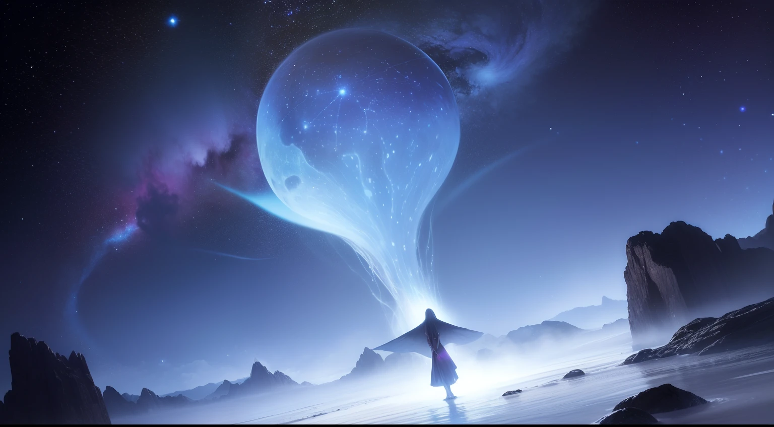 "Kindly, Create an image that represents the fusion of human thought with the supernatural realm and the vast universe. Imagine an ethereal and mysterious scene. in the center of Image, The human heart shines with a soft light, shimmering dazzling lighting. The heart seems to float in a translucent mist, Evoke a sense of mystery and transcendence. From the heart, Emits a series of projections, Each represents a unique aspect. Some projections take the form of natural elements, Like branches, Petals or dancing flames, Evoke a deep connection to the natural realm. Other projections extend into outer space, Becomes a bright constellation, Light from distant galaxies or meteors. These cosmic projections symbolize the expansion of human emotions beyond the limits of the earth, Connect the vast universe. The color palette includes shades of sky blue, Deep purple and gold, Create a magical and spiritual atmosphere. The soft light emitted from the mind and projections helps to create a feeling of peace and awe. The resulting images capture the human mind beyond the boundaries of the planet, Explore the realm of the supernatural and the universe. This fusion of man and God creates a visual narrative,Evoke the exploration of the deepest emotional connections,And expand its essence into the vast universe。."