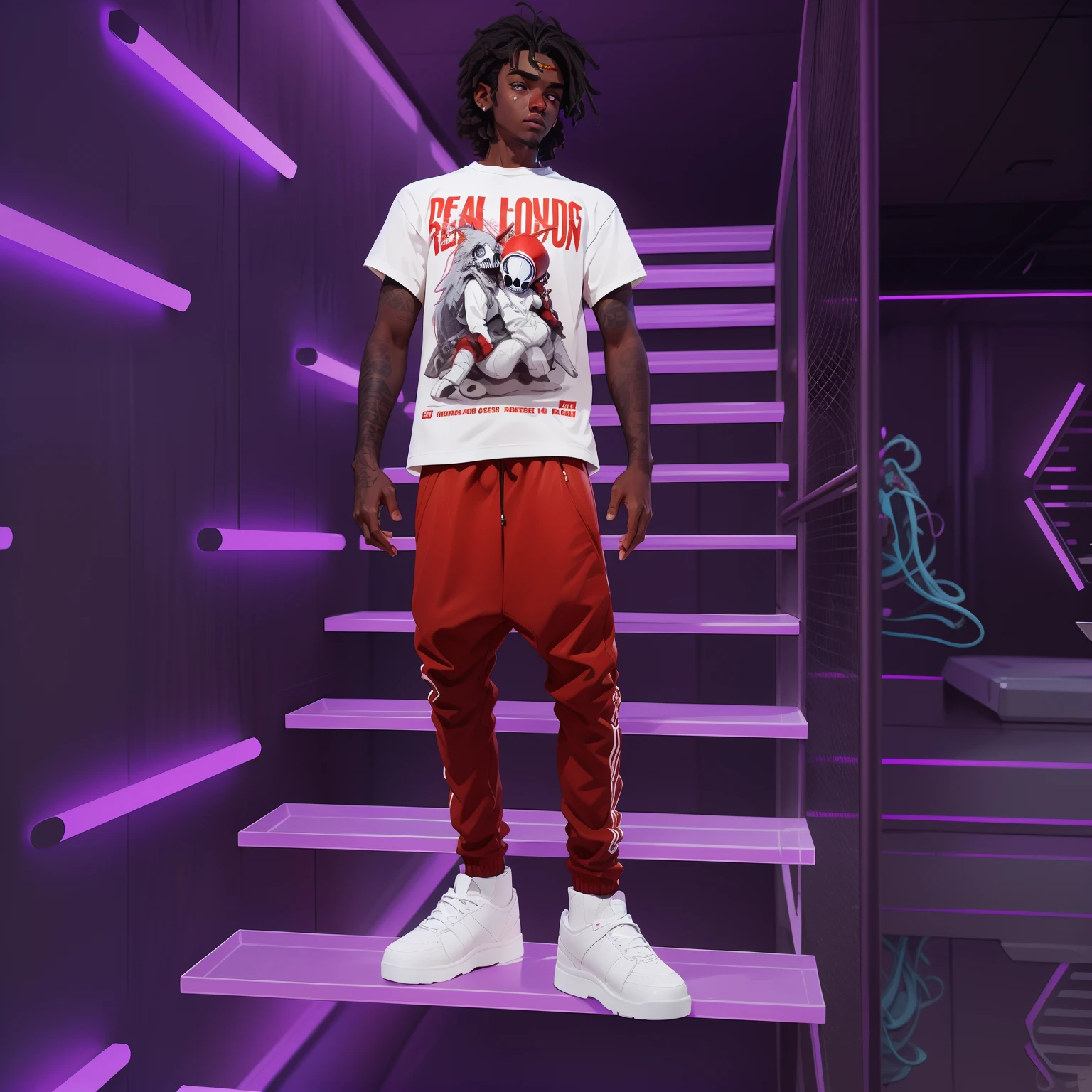 Man in white T-shirt and red pants standing on a set of stairs, 8 k altamente detalhado ❤🔥 🔥 💀 🤖 🚀, IMVU, 2 k aesthetic, chefe keef, Estilo Temor de Deus, trending on r/streetwear, Roupa cromada, 8k highly detailed ❤️🔥 🔥 💀 🤖 🚀, foto da roupa, IMVU