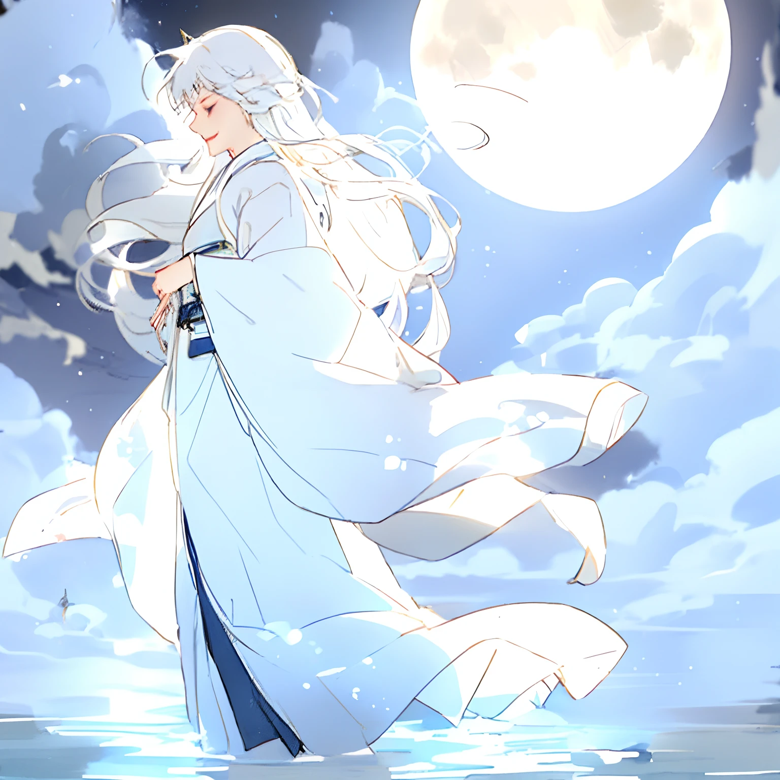shoun,younge boy,White Hanfu,long white hair,Long flowing hair,Wide robe with large sleeves,年轻,Young,Ancient wind,Solid color clothes,The clothes do not have any patterns,adolable,laughingly,flood,softlighting,Flat painting style,aquarelle,water ink,Behind it is the full moon,low-saturation,low-contrast,big laughter,Pleasure