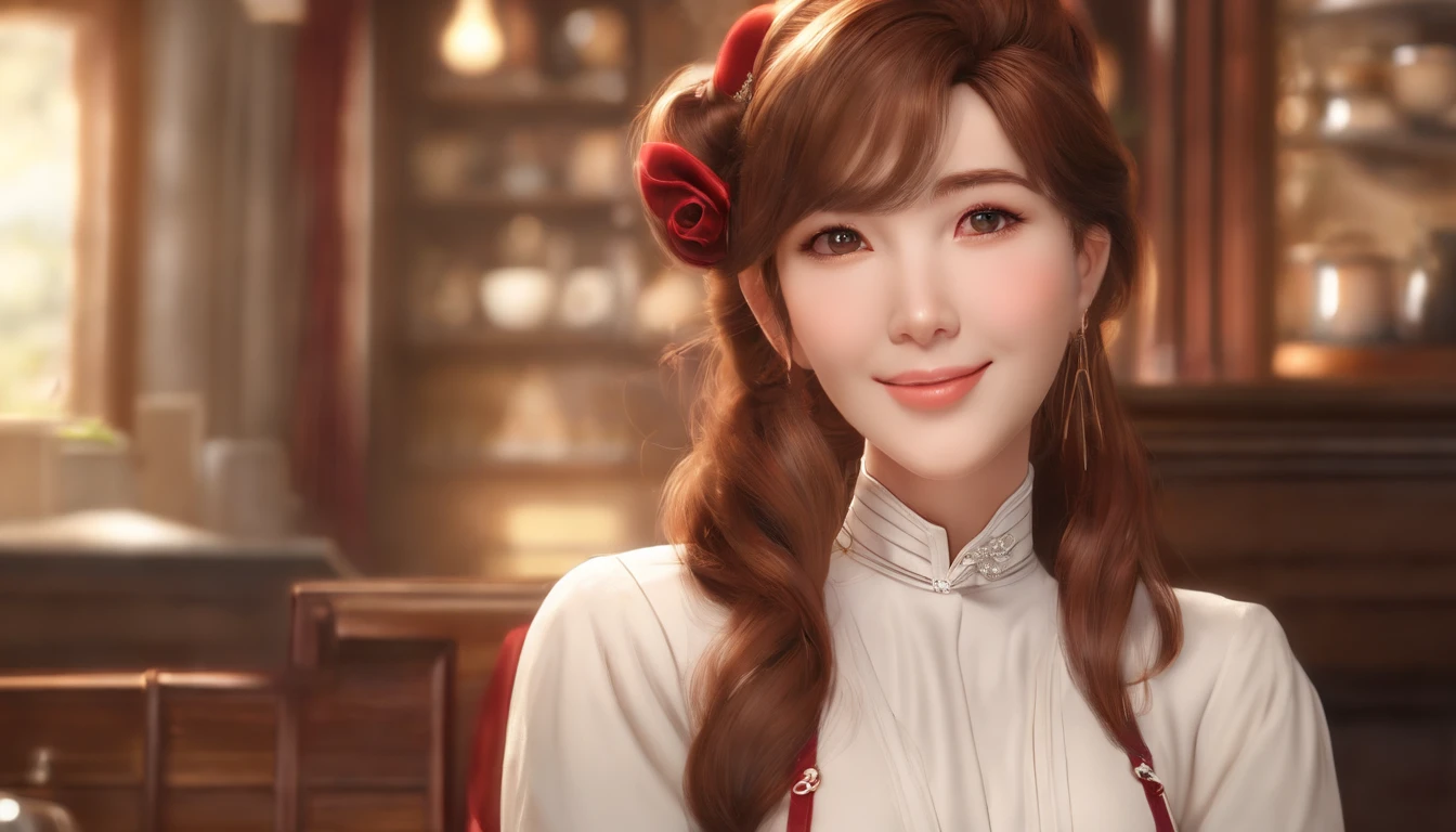 (Solo, 1girl), (masterpiece, highest quality, Super Detail:1.6), 8K, Best Quality, Indoors, one bun hair top of the head, no side hair, all hair tied up, (red hair), Looking at Viewer, Smile, cheerful woman, Anime, wearing white long sleeve blouse, long skirts, high neck blouse, (front view, frontal face, from front, light from front), indoor, 30 years old, barista, coffee shop, wearing long black apron, open mouth, :d, super fine illustration, soft lighting, extremely beautiful girl, (extremely detailed eyes), tsurime, no rouge,