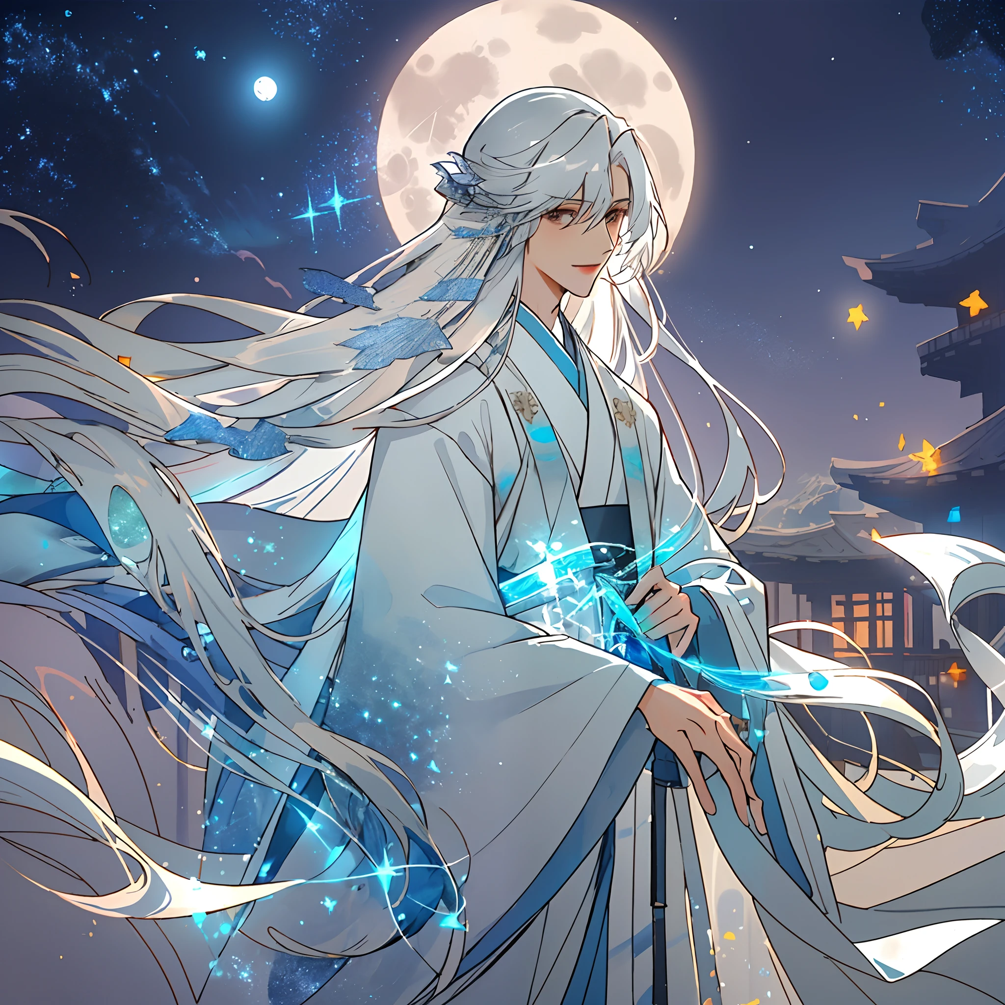 shoun,younge boy,White Hanfu,long white hair,Long flowing hair,Wide robe with large sleeves,年轻,Young,Ancient wind,Solid color clothes,The clothes do not have any patterns,adolable,laughingly,flood,softlighting,Flat painting style,aquarelle,water ink,Behind it is the full moon,low-saturation,low-contrast,big laughter,Pleasure