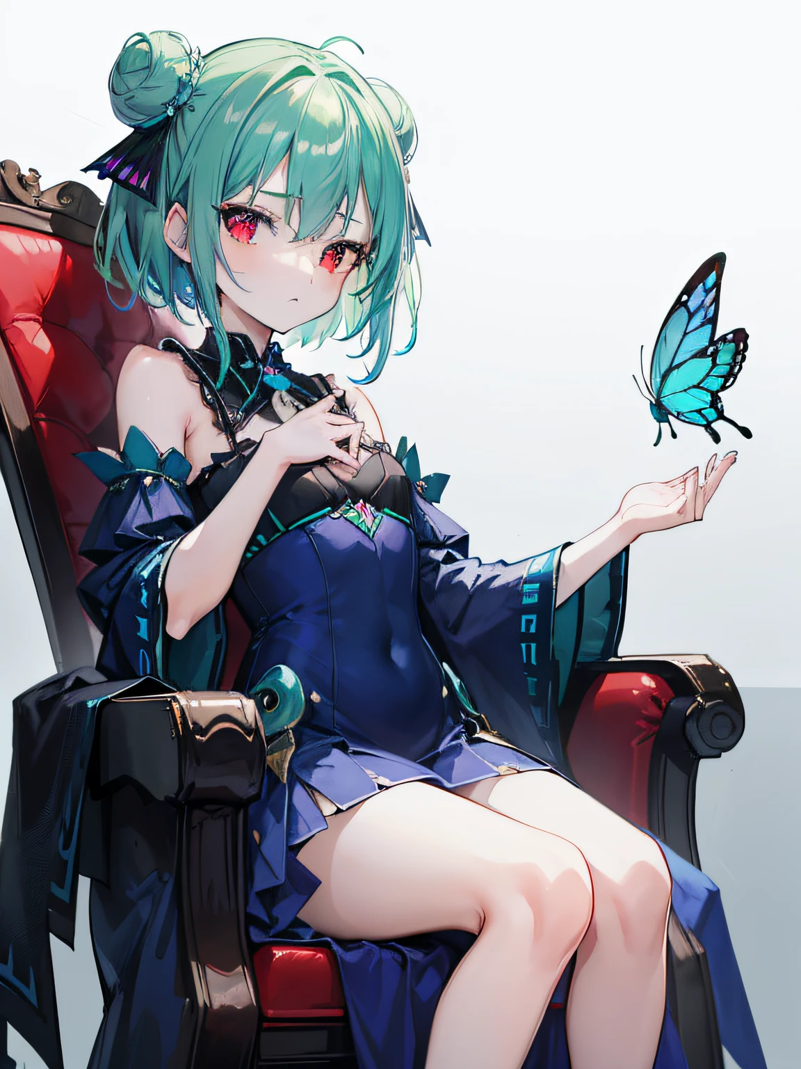 {Moist feather(hololive}}, 1girl, short hair, double bun, {emeraldgreen hair}, {{Red eyes}}、​masterpiece、top-quality、{dynamic angle}, flat chest, 小柄、{hatred}、irate、{Deadly}、demon king、a throne、Aura of Darkness、Dark blue dress、demon realm、Blue winged butterfly、watching at viewers、