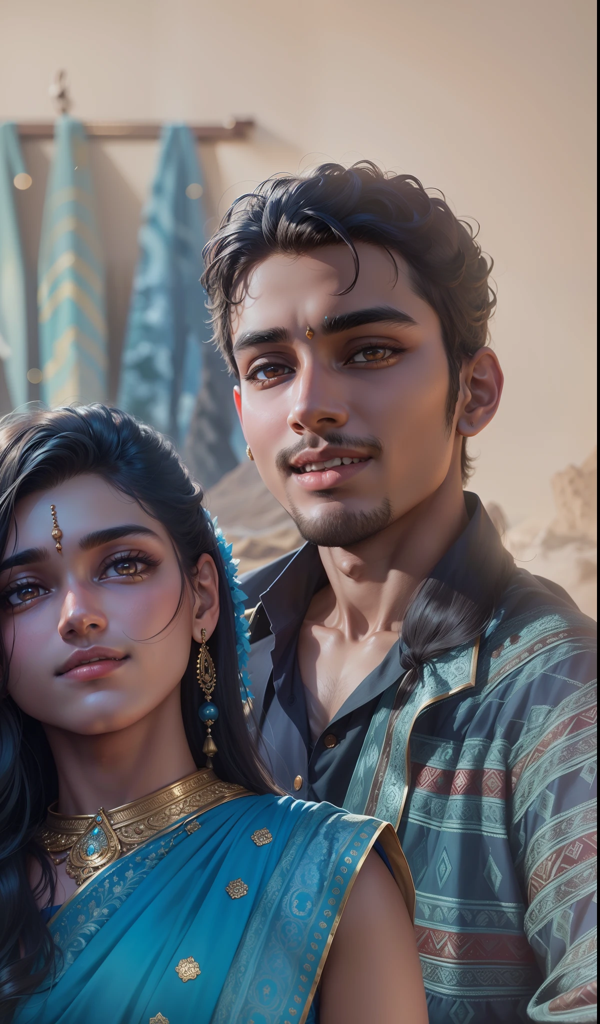 8k quality, ultra realistic, 18 year old boy god Krishna with brown eyes smiley face wearing blue suit and shirt, and a beautiful 16 year old young girl Radha with black eyes wearing blue saree, change mountain background with matching lights