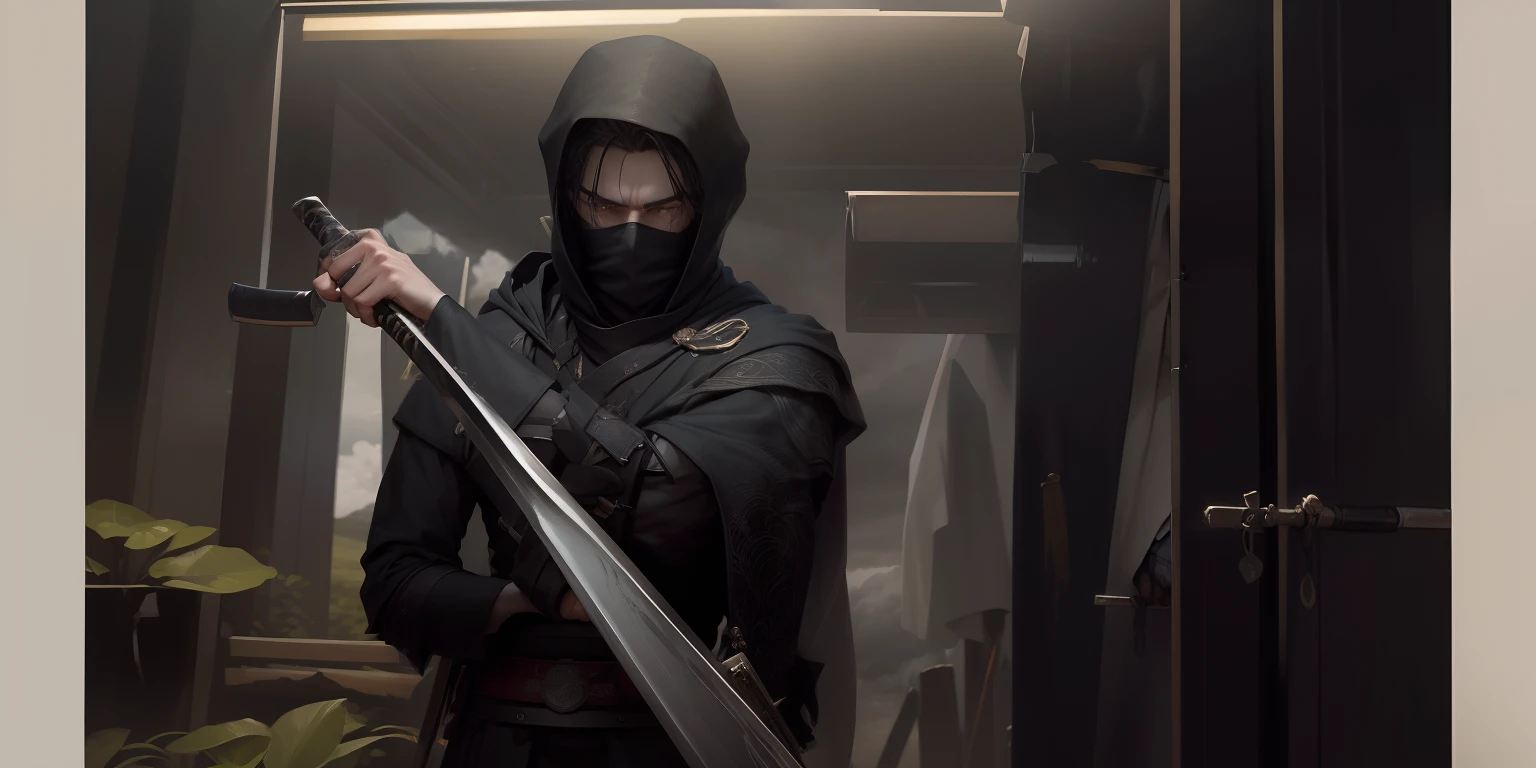 back froumd long grass field with dark cloudy sky, do not change the face , handsome, 8k , katana in hand, minimalist, black cloak
