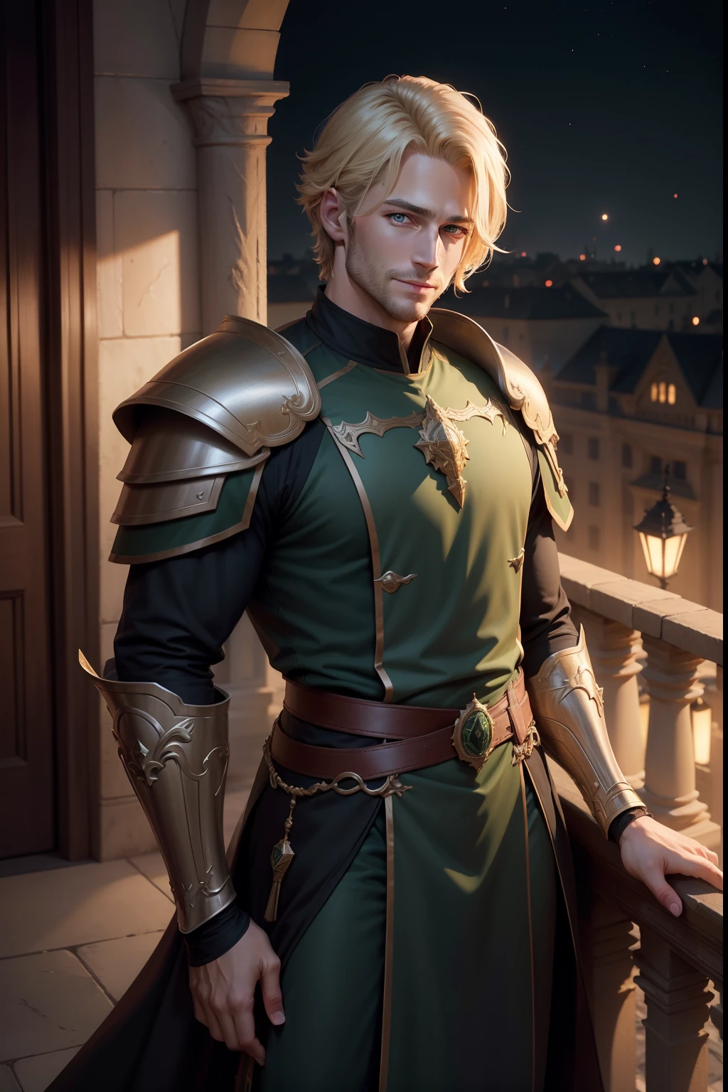 Realistic 8K image of a handsome man in his early 30s, blond hair with short, strong hair, extremely detailed green eyes, dressed in dark clerical clothes and with dark green RPG warrior style shoulder pads, shy smile, on an external balcony of a royal palace , Night, anime style art