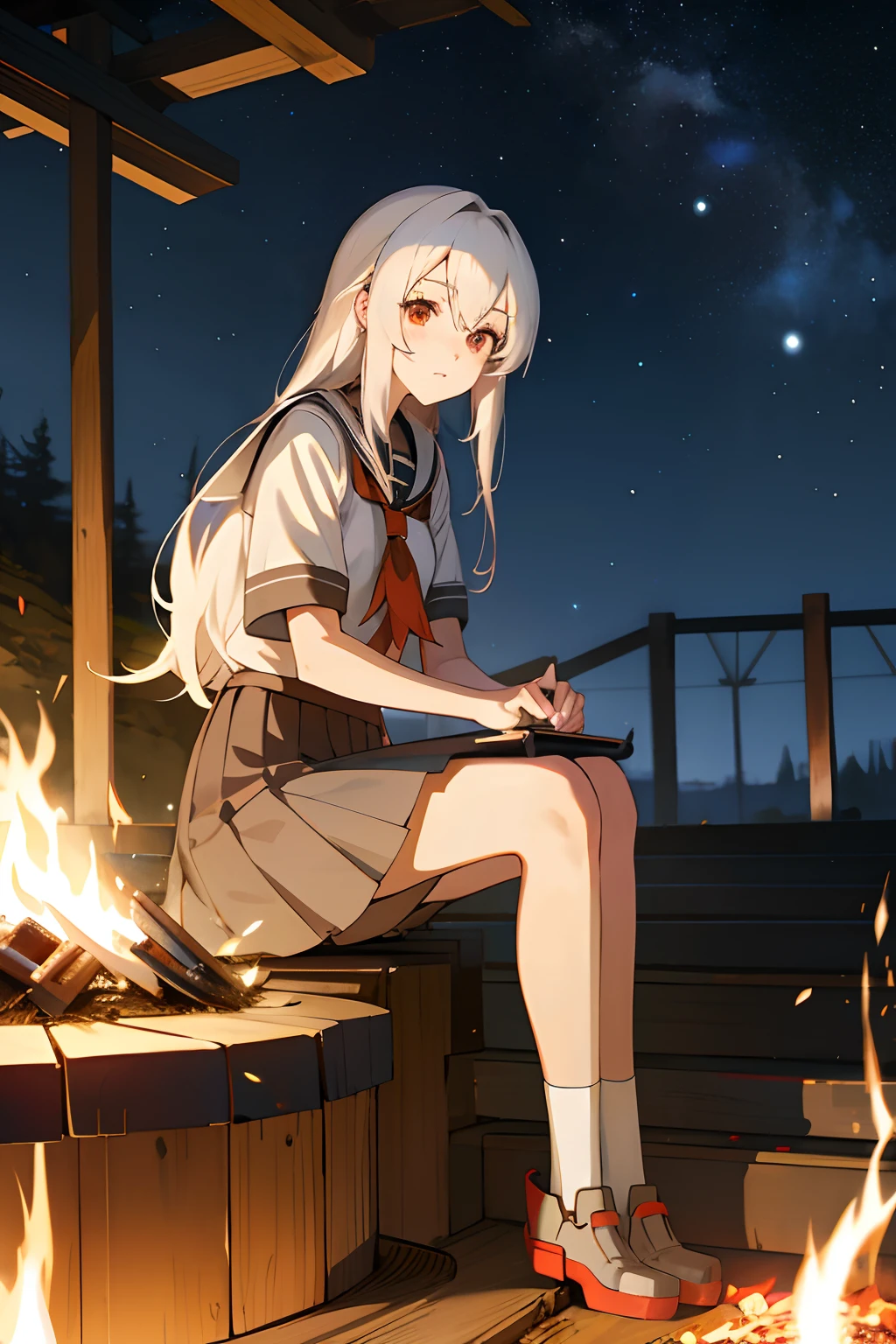 anime girl sitting on a step next to a campfire, the anime girl is sitting on a stair, a hyperrealistic schoolgirl, hyperrealistic schoolgirl, realistic schoolgirl, anime girl has white hair and red eyes, beautiful anime girl crouched, [ 4 k digital art ]!!, kantai collection style, female protagonist 👀 :8, school girl, guweiz, kawacy, smooth anime cg art, night sky