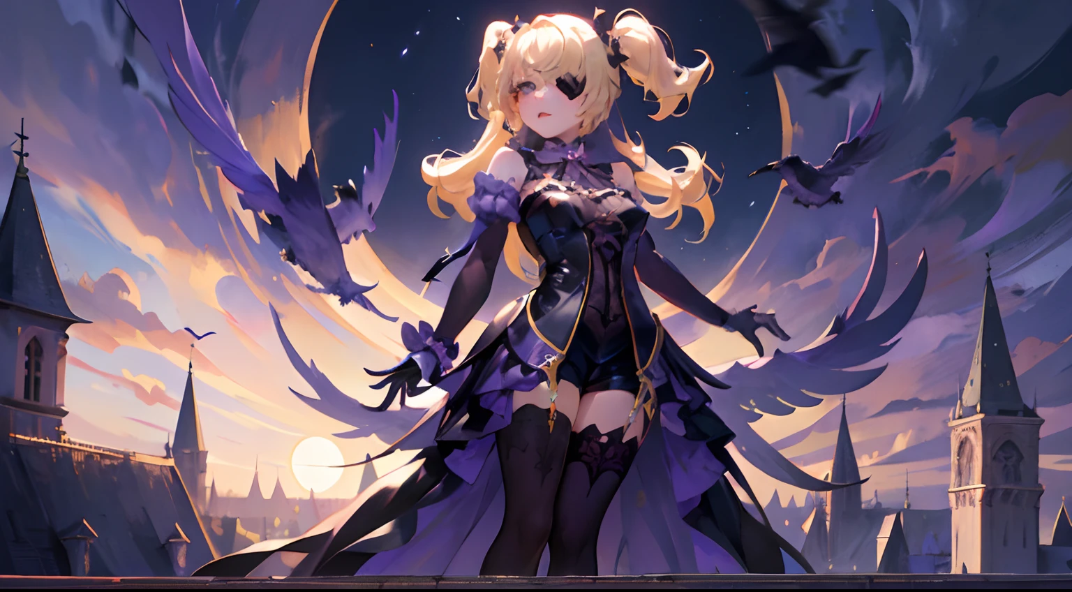 1 girl solo, blond hair ponytails, dark purple goth dress, long black gloves, ((eyepatch)), fullbody, standing on top of the gothic castle tower, night, moonlight, cinematic shot, dramatic, vibrant colours, raven flying near her