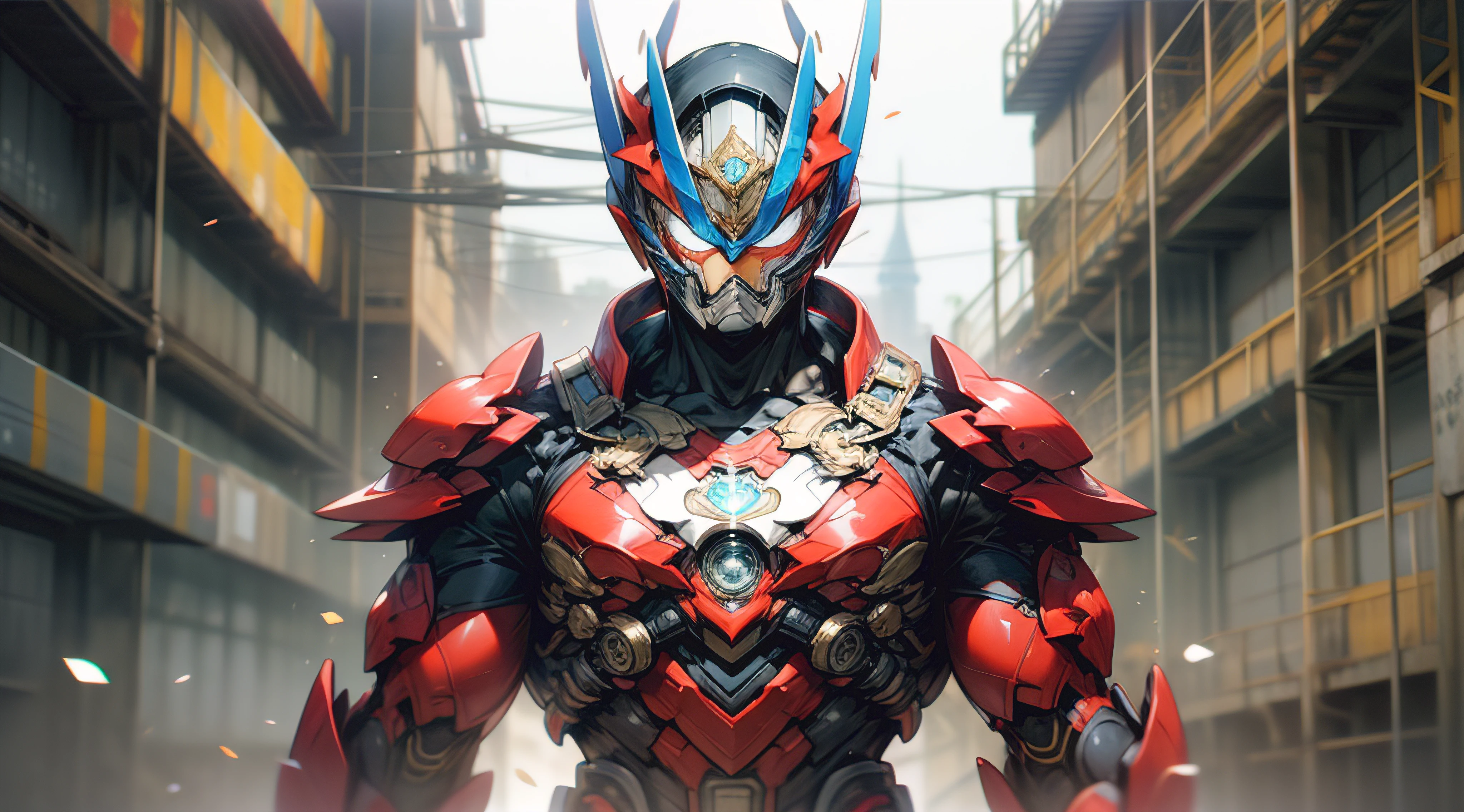 Make a boy with medium muscles in a body-glued outfit with black red and white outfit colors with a dragon symbol on his Superman-style chest, armadura brilhante, capacete estilo power ranger, 16k, estilo tokusatso, estilo cinema, colors that enhance the persoonagem, brilho e contraste perfeito