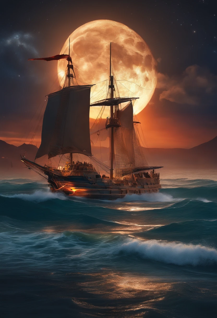Fondo de pantalla 8K extremadamente detallado,(Altamente detallado:1.1), ((Obra maestra:1.1)),[Anime Big Breast:masa:0.5], intrincado , fantasy,(1 barco),(ocean:1.2),[crucero:Crucero con (Fuego verde:1.2):0.1], cielo despejado ,viento ,hermoso cielo,(Cielo nocturno),(Milky Ways), (Enorme luna de sangre en el fondo:1.05),