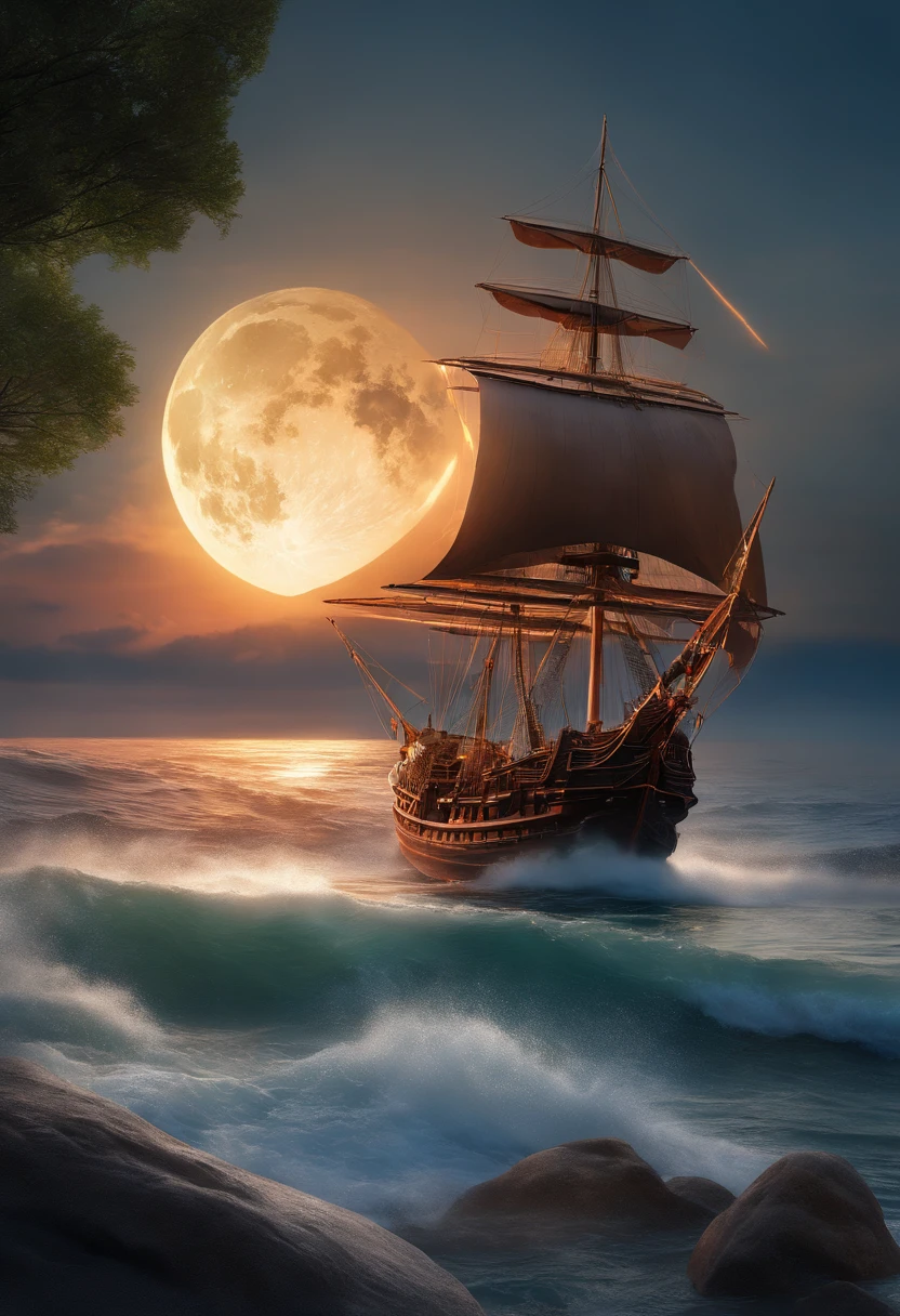 Fondo de pantalla 8K extremadamente detallado,(Altamente detallado:1.1), ((Obra maestra:1.1)),[Anime Big Breast:masa:0.5], intrincado , fantasy,(1 barco),(ocean:1.2),[crucero:Crucero con (Fuego verde:1.2):0.1], cielo despejado ,viento ,hermoso cielo,(Cielo nocturno),(Milky Ways), (Enorme luna de sangre en el fondo:1.05),