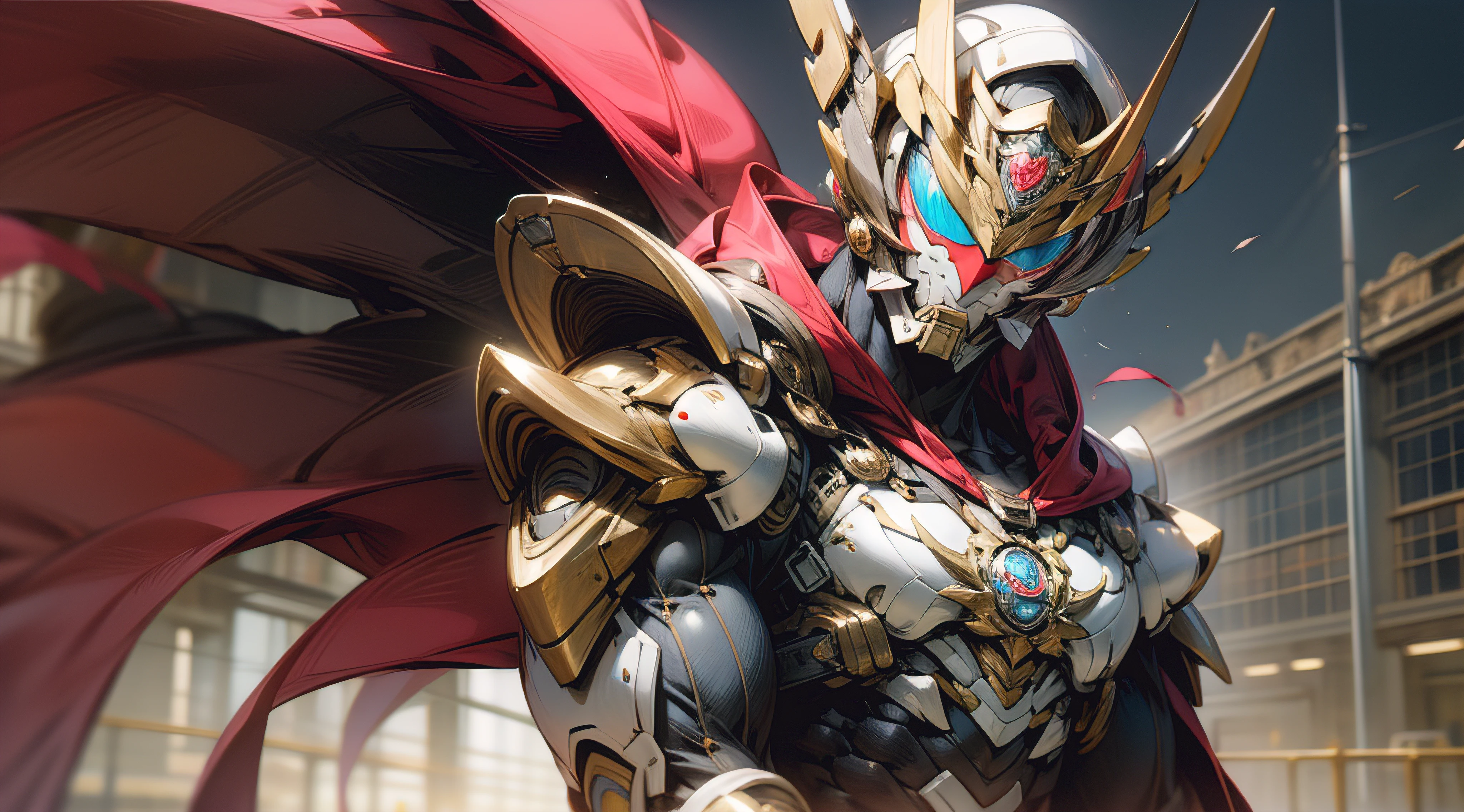 Make a boy with medium muscles in a body-glued outfit with black red and white outfit colors with a dragon symbol on his Superman-style chest, armadura brilhante, capacete estilo power ranger, 16k, estilo tokusatso, estilo cinema, colors that enhance the persoonagem, brilho e contraste perfeito