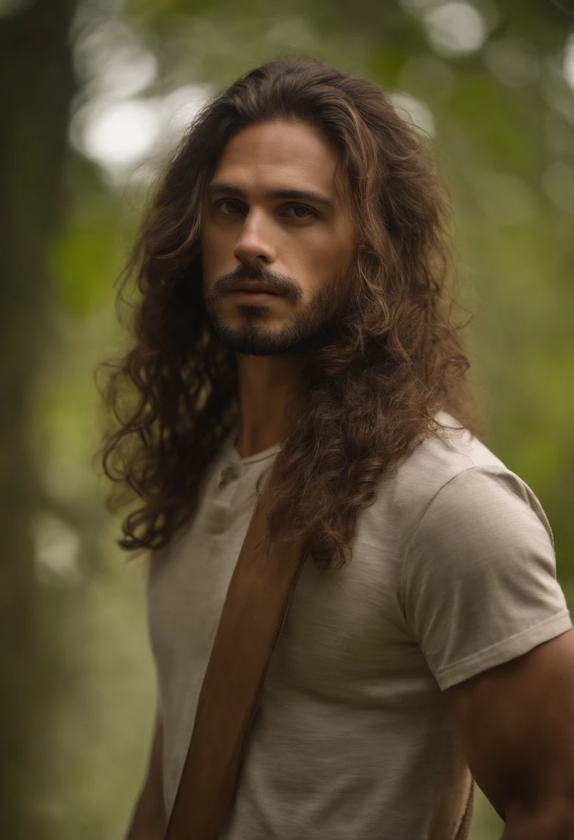 Um jovem, Homem, best quality, alta qualidade, high resolution), realista, ultra-detalhado, highly detailed face features, realistic lighting and reflections, highly detailed face features, melhor foto,high-quality illustration, hippie, Feliz, ao fundo uma floresta, tatuagens, olhos verdes, barba curta, cabelos curtos, sorrindo, pose pra foto