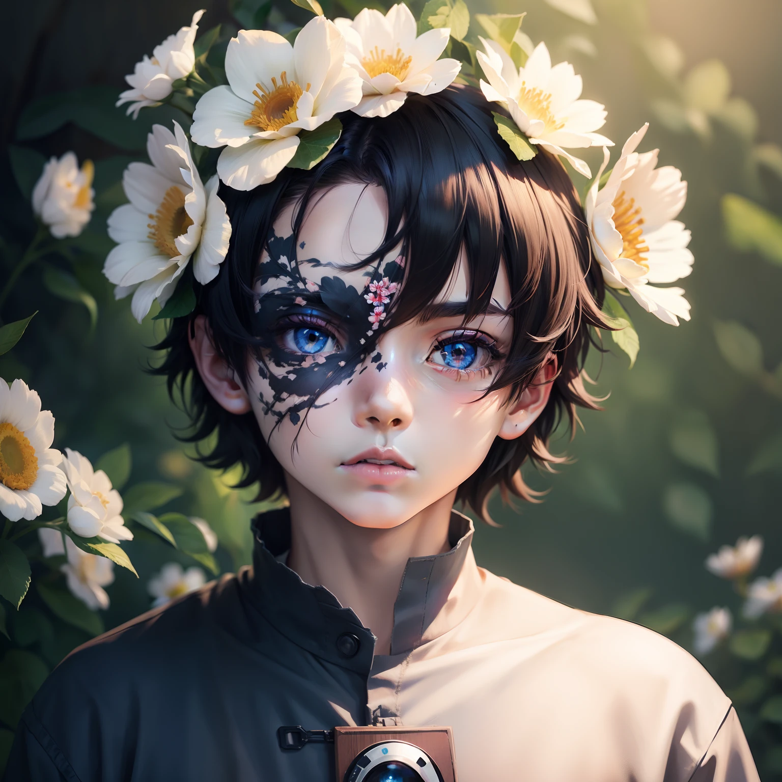 Anime, Boy, Eye band, Flowers on face, Pixel