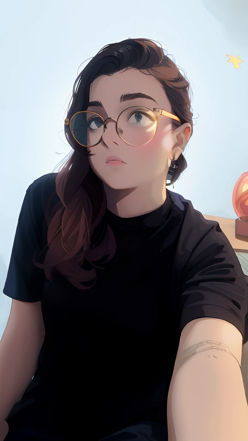 There is a woman with glasses sitting on a bed, wearing thin large round glasses, wearing black rimmed glasses, wearing black frame glasses, She wears Harry Potter glasses, wearing small round glasses, imagem de qualidade muito baixa, thick glasses, girl wearing round glasses, wearing big black circle glasses, imagem de perfil, With eye Glasses, fotografia de baixa qualidade, with glasses on